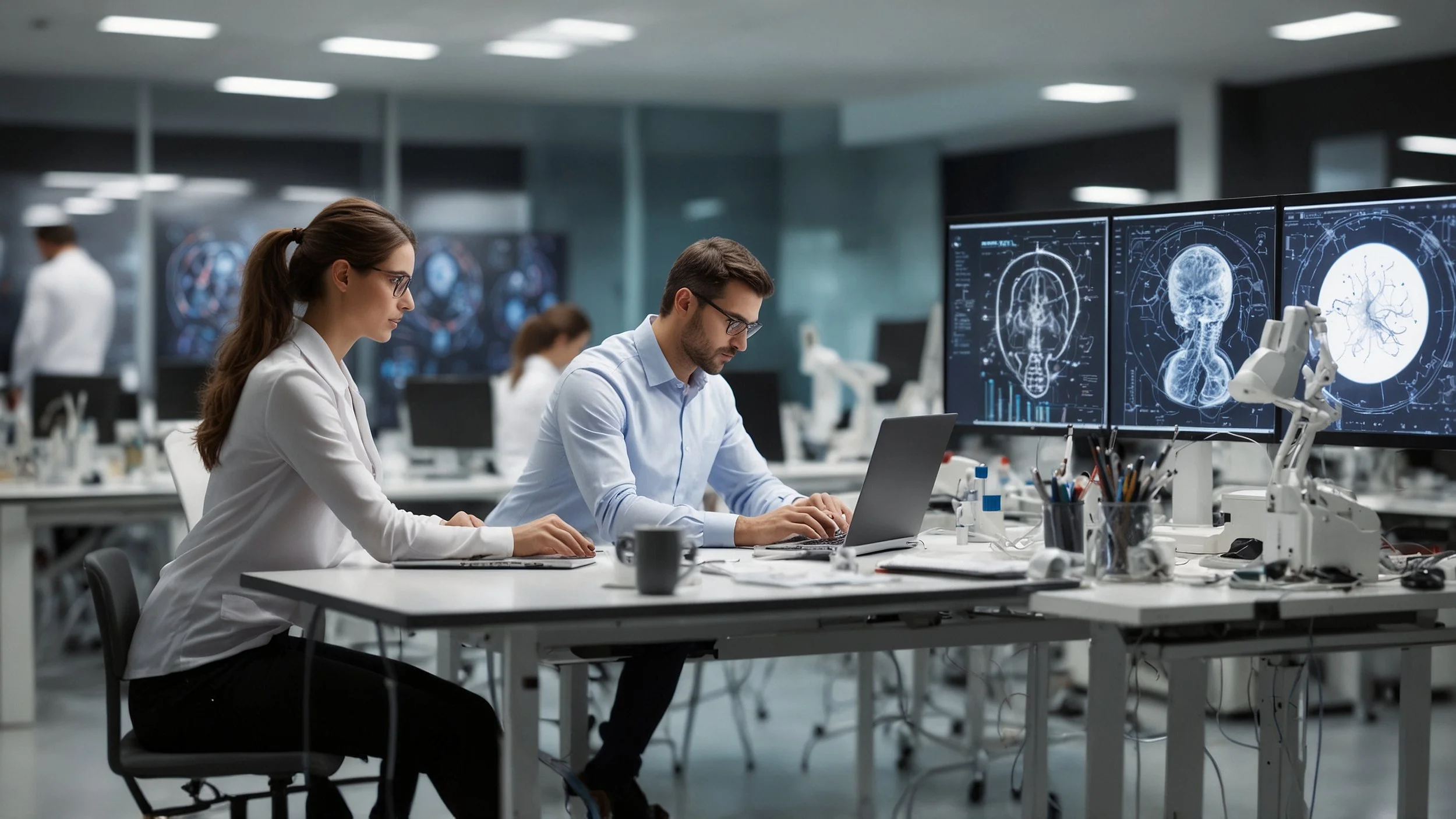Una escena en un laboratorio moderno de inteligencia artificial, donde un grupo diverso de investigadores está trabajando en computadoras y pizarras, colaborando para desarrollar nuevos algoritmos de entrenamiento más eficaces y modelos mixtos.
