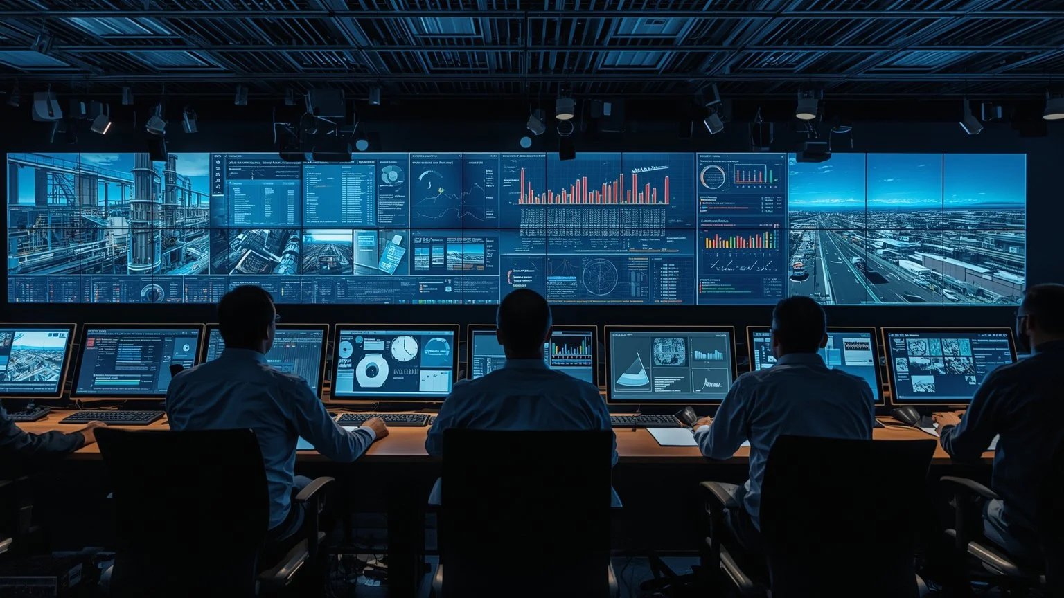 Panoramic view of a central control room where engineers and trainers observe real-time panels displaying the simultaneous deployment of standardized inventory automation templates across multiple plants, reduction indicators, and