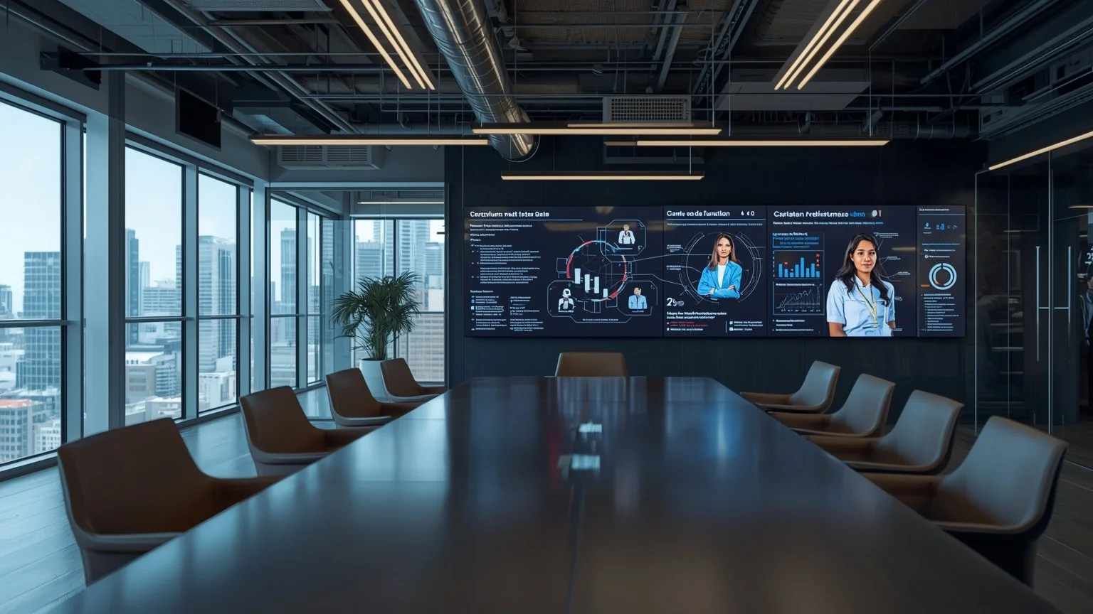 Una sala de trabajo moderna con pantallas que muestran una arquitectura en capas, avatares de agentes de IA interactuando con equipos de TI y de negocio, y tableros de gobernanza y métricas de transparencia y automatización claramente visibles.