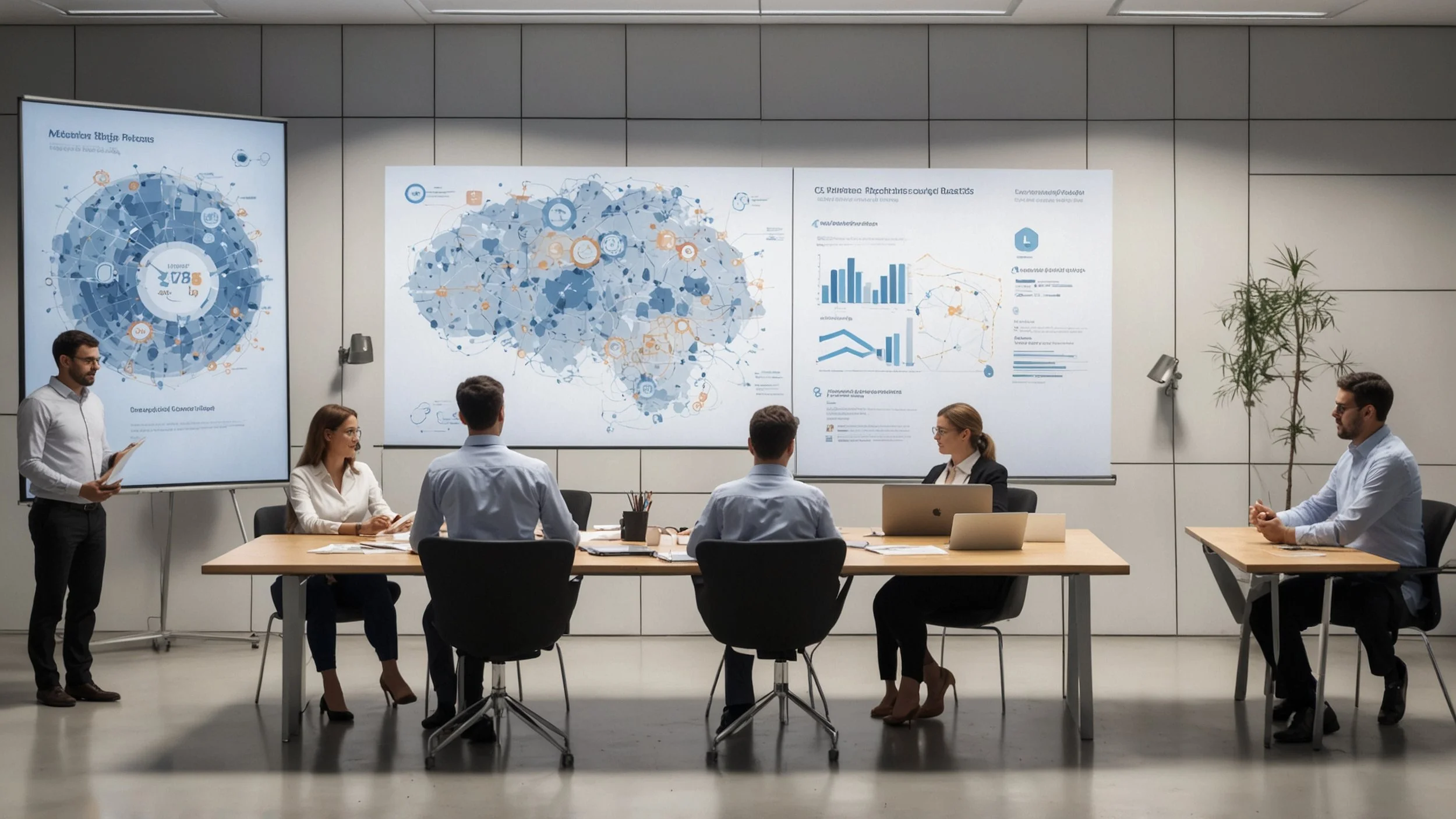 Una oficina moderna donde un equipo diverso de profesionales trabaja en computadoras con gráficos y códigos en pantalla que representan algoritmos de inteligencia artificial.