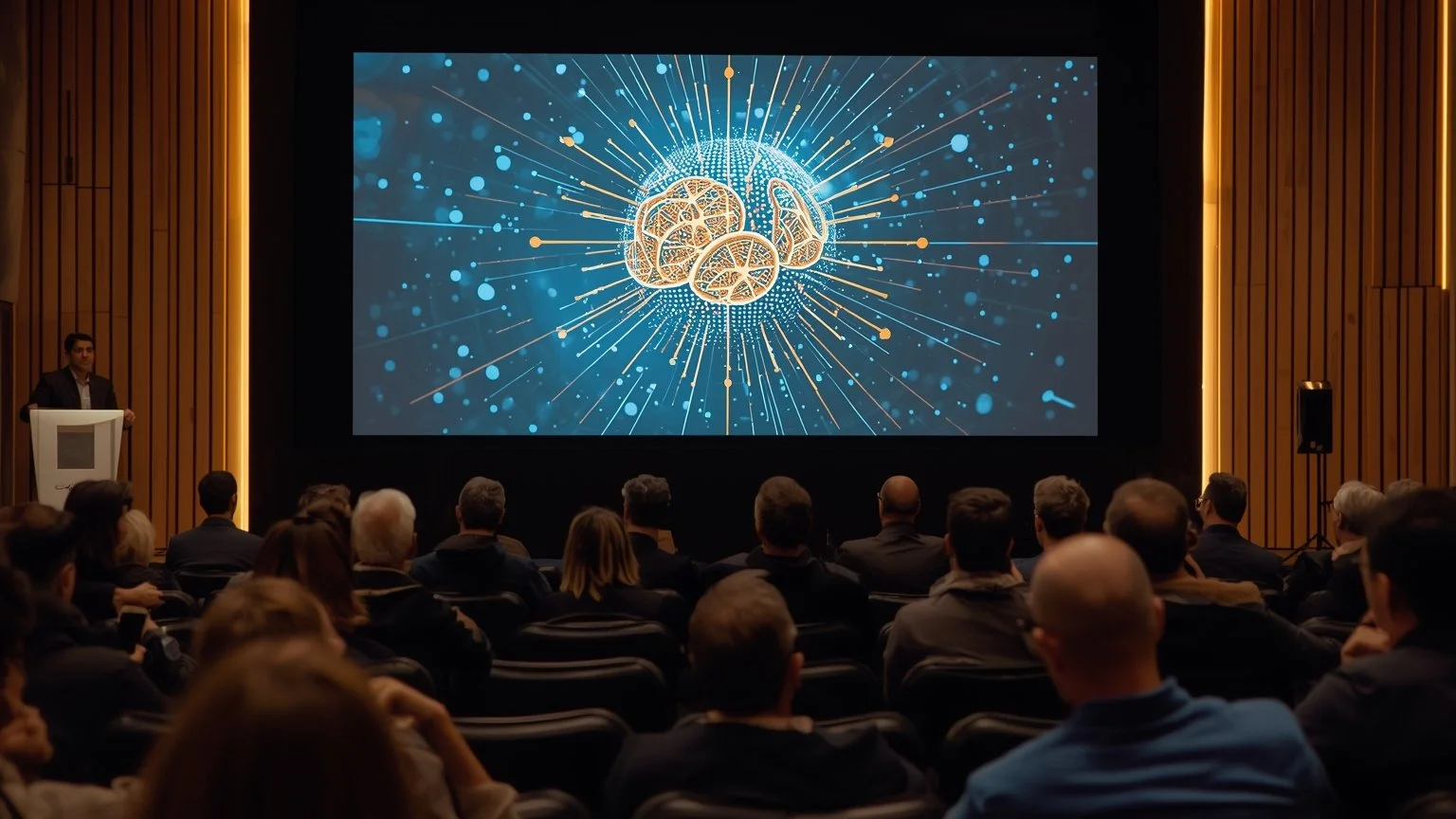 Un grupo de líderes tecnológicos en una sala de conferencias frente a una gran pantalla que muestra gráficos de adopción y una representación visual de la inteligencia artificial integrándose con herramientas low code y no code para potenciar la efic