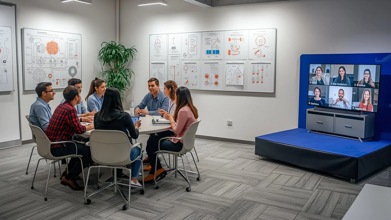 In a modern office, a diverse group of employees gather in learning circles in front of whiteboards filled with automation diagrams, while on a small stage, those who lead initiatives are recognized and roadmaps are presented.