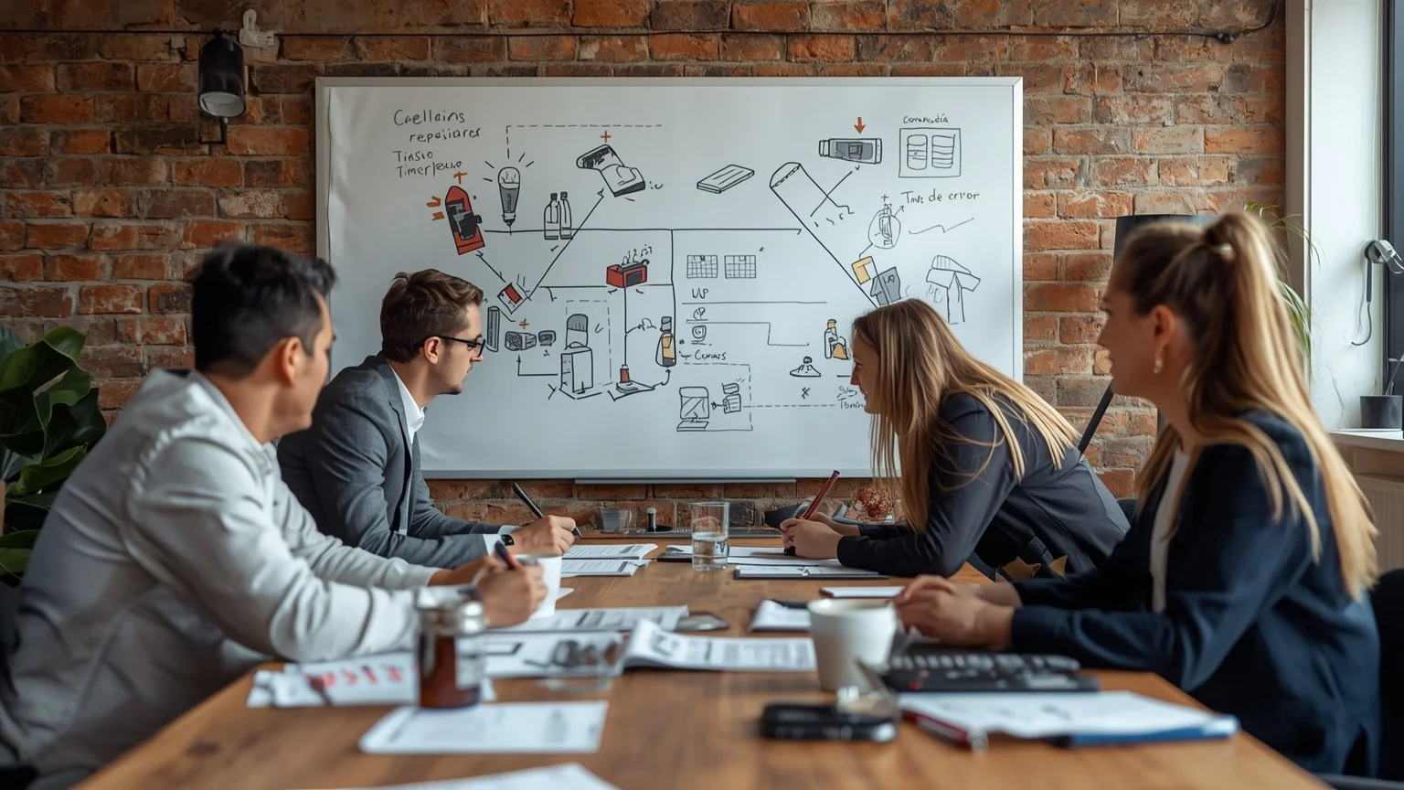 Equipo de consultores junto a una pizarra con diagramas de flujo marcando cuellos de botella, tareas repetitivas y métricas como tiempo de ciclo y tasa de error mientras priorizan casos de uso de gestión documental y atención al cliente.