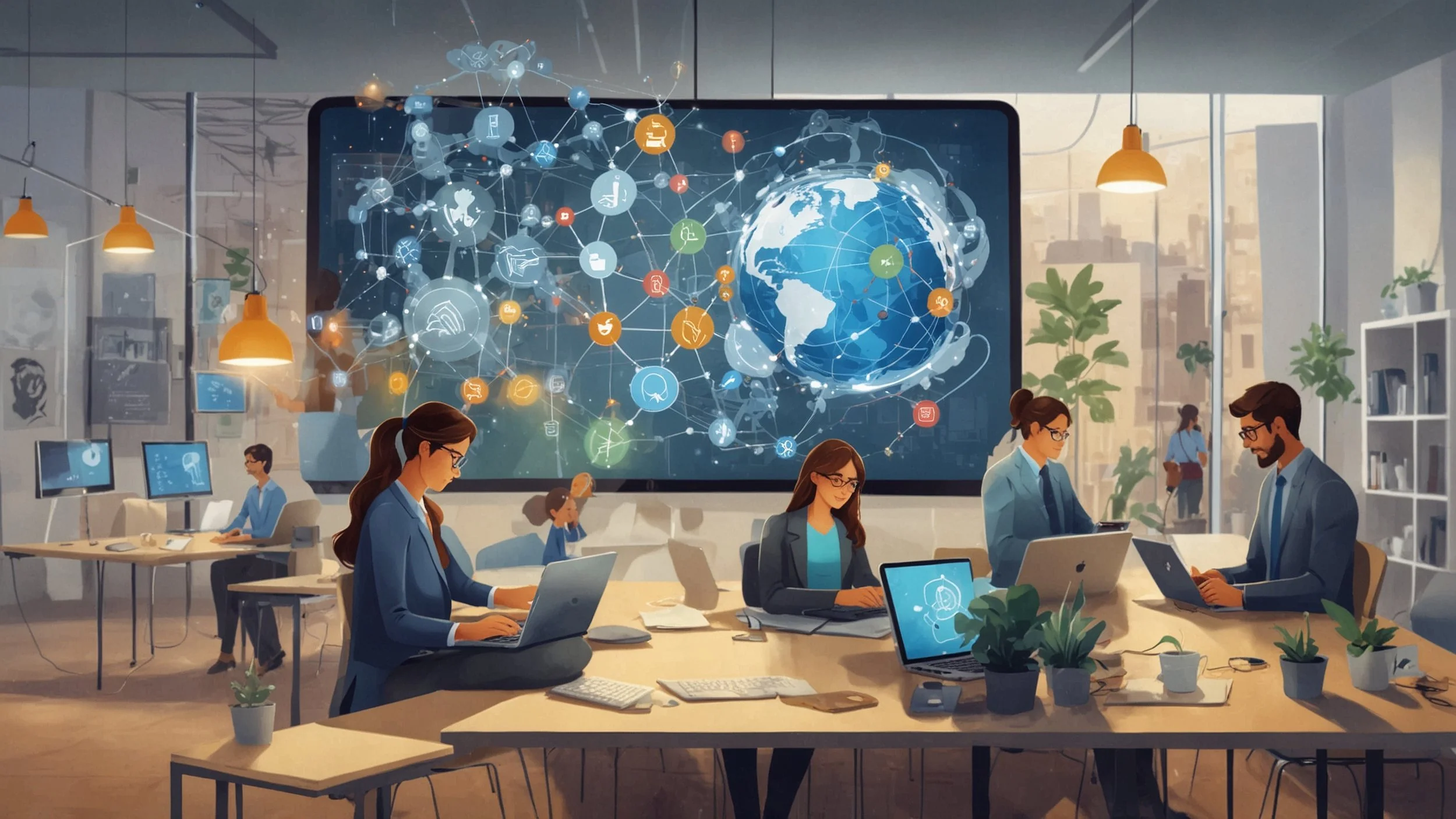Un grupo diverso de pequeñas y medianas empresas situadas en diferentes ubicaciones, utilizando computadoras portátiles, tabletas y smartphones para acceder a soluciones de Inteligencia Artificial a través de plataformas en la nube, simbolizando la d