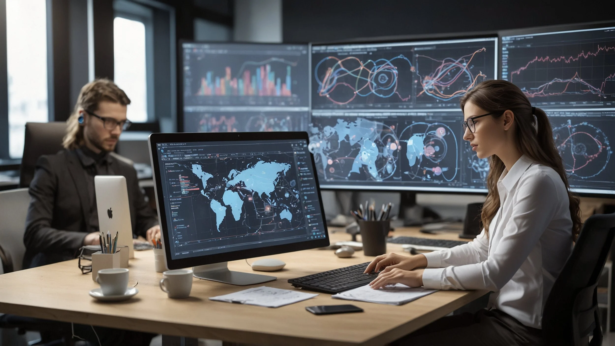 Una oficina moderna con profesionales trabajando en equipos diversos mientras usan computadoras con gráficos de datos y diagramas de inteligencia artificial en pantallas grandes, mostrando colaboración en investigación, marketing, producción y tecnol