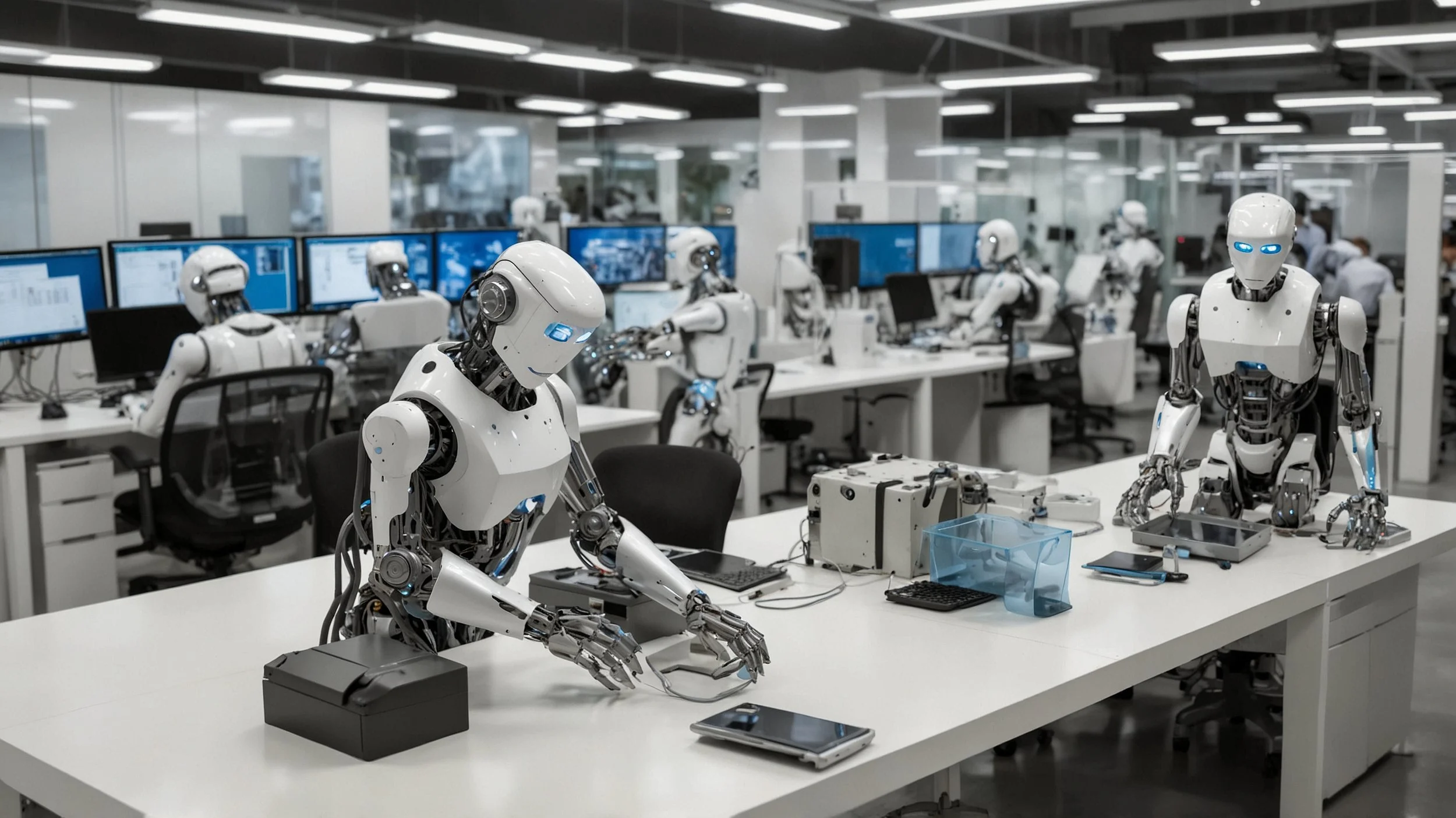 Empresa moderna con oficinas abiertas donde robots inteligentes y sistemas de IA generativa colaboran con empleados humanos, mostrando pantallas con minería de procesos y gráficos de agilidad operativa en un ambiente futurista y dinámico.