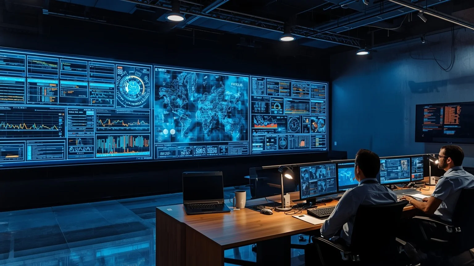 Modern operations center with a team of experts reviewing robust architecture on large screens, security panels, and real-time observability, integration with legacy systems, data governance visible on dashboards, and a s
