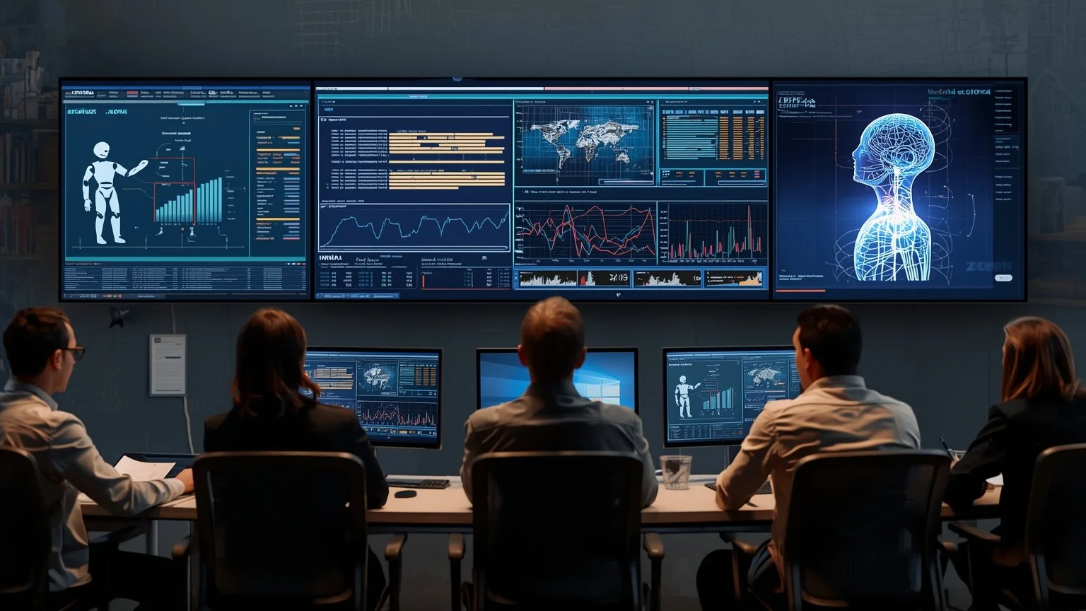 Centro de operaciones digital de un banco y aseguradora conectados con empresas de consumo donde pantallas muestran bots RPA extrayendo datos y ejecutando pasos rutinarios, visualizaciones holográficas de modelos de IA priorizan solicitudes y predice