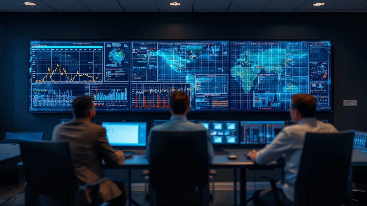 Modern control room in a center of excellence in automation where a diverse team reviews indicators of time savings, error reduction, and user satisfaction on screens while providing ongoing training and discussing routines.