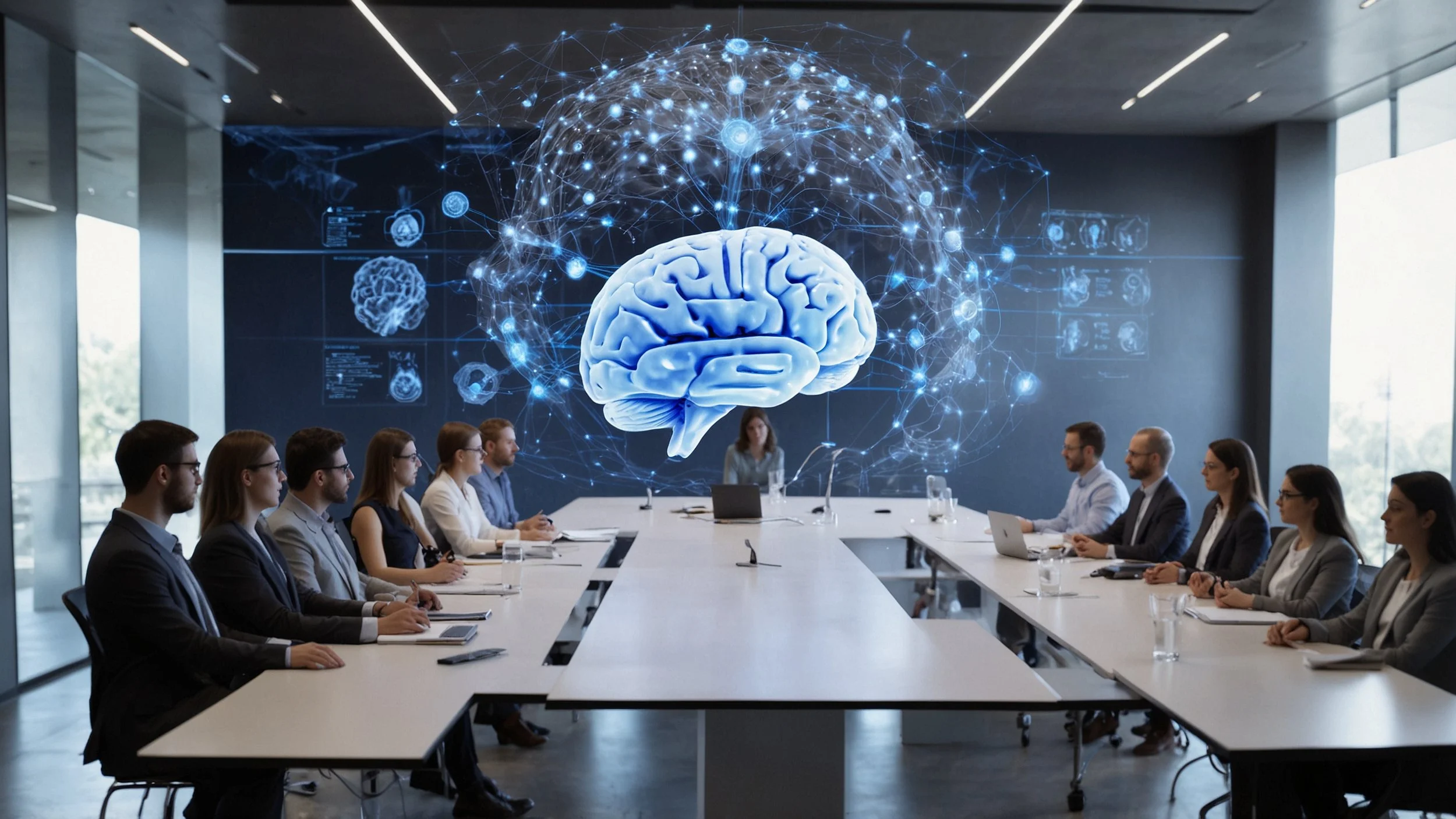 Una sala de conferencias moderna con diferentes profesionales discutiendo alrededor de una mesa un modelo holográfico de un cerebro artificial y gráficos que muestran datos sobre privacidad, sesgos y empleo mientras una pantalla grande proyecta princ
