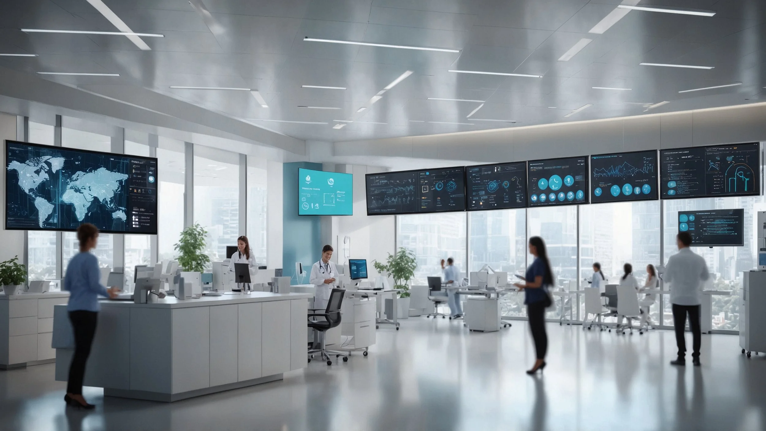 A modern hospital and a financial office with digital screens showing automated workflows and fast approvals, employees interacting with AI assistants, and a dynamic network connecting both locations symbolizing integrated and scalable operations in