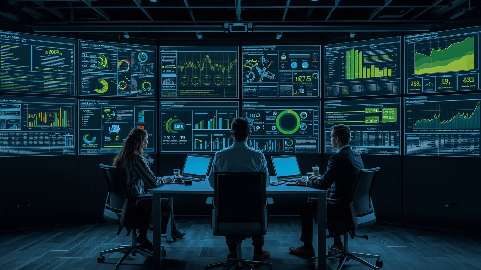 Equipo de ingenieros en un moderno centro de excelencia rodeado de paneles holográficos que muestran flujos de procesos, robots colaborativos y dashboards de IA con indicadores de retorno de inversión, gráficos de crecimiento y elementos verdes que s
