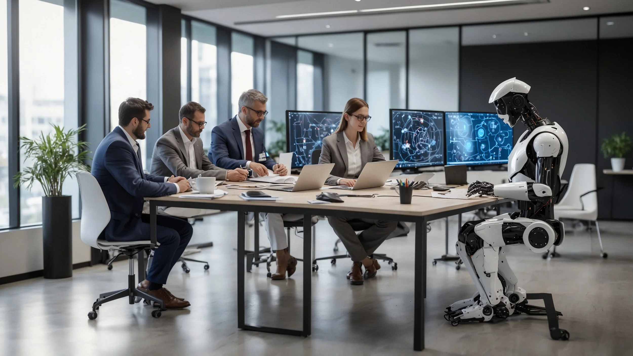 un grupo de ejecutivos en una sala de reuniones moderna discutiendo una estrategia con pantallas digitales que muestran gráficos y datos de inteligencia artificial mientras en segundo plano se ve un equipo diverso trabajando en computadoras con tecno