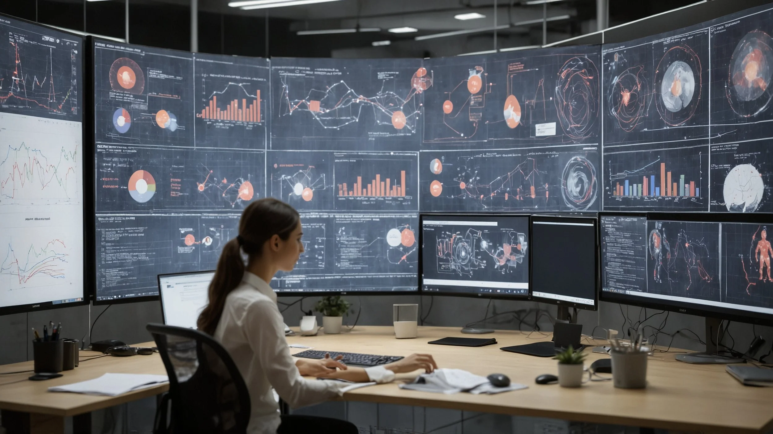 Una oficina moderna con empleados utilizando computadoras y dispositivos móviles, en la pantalla se muestran gráficos y datos siendo procesados, algunos empleados interactúan con interfaces de arrastrar y soltar de herramientas de bajo código.
