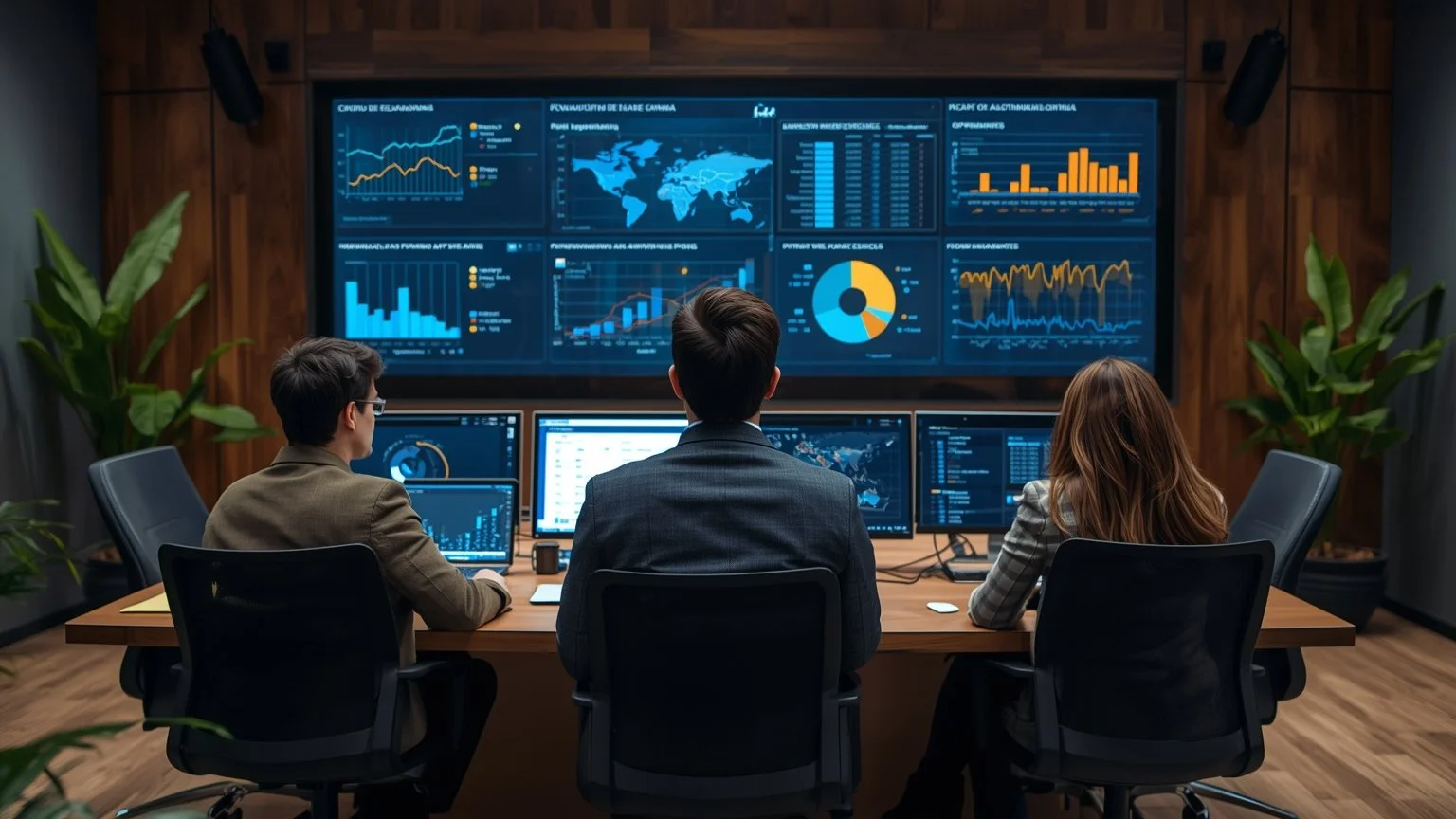 Un CFO y un CIO en una sala de mando moderna, frente a pantallas que muestran dashboards de analítica avanzada y flujos de automatización, mientras un equipo en un centro de excelencia define estándares, mide ROI y participa en sesiones de upskilling