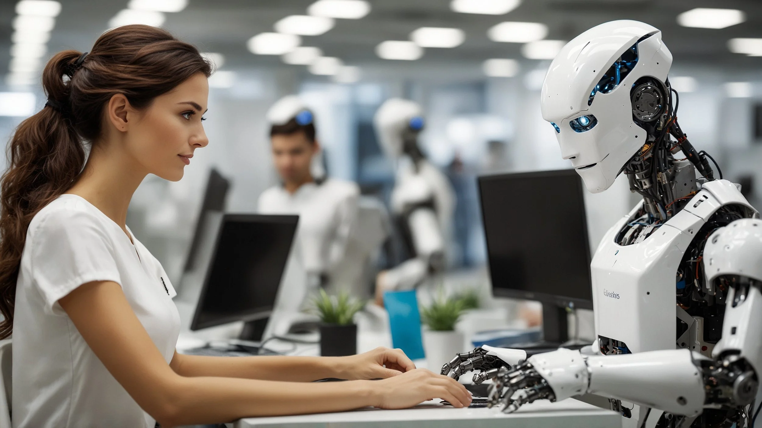 Una oficina empresarial con empleados trabajando junto a robots automatizados en sus computadoras, mostrando interacción armoniosa y eficiencia, mientras un cliente sonriente recibe atención rápida y personalizada.