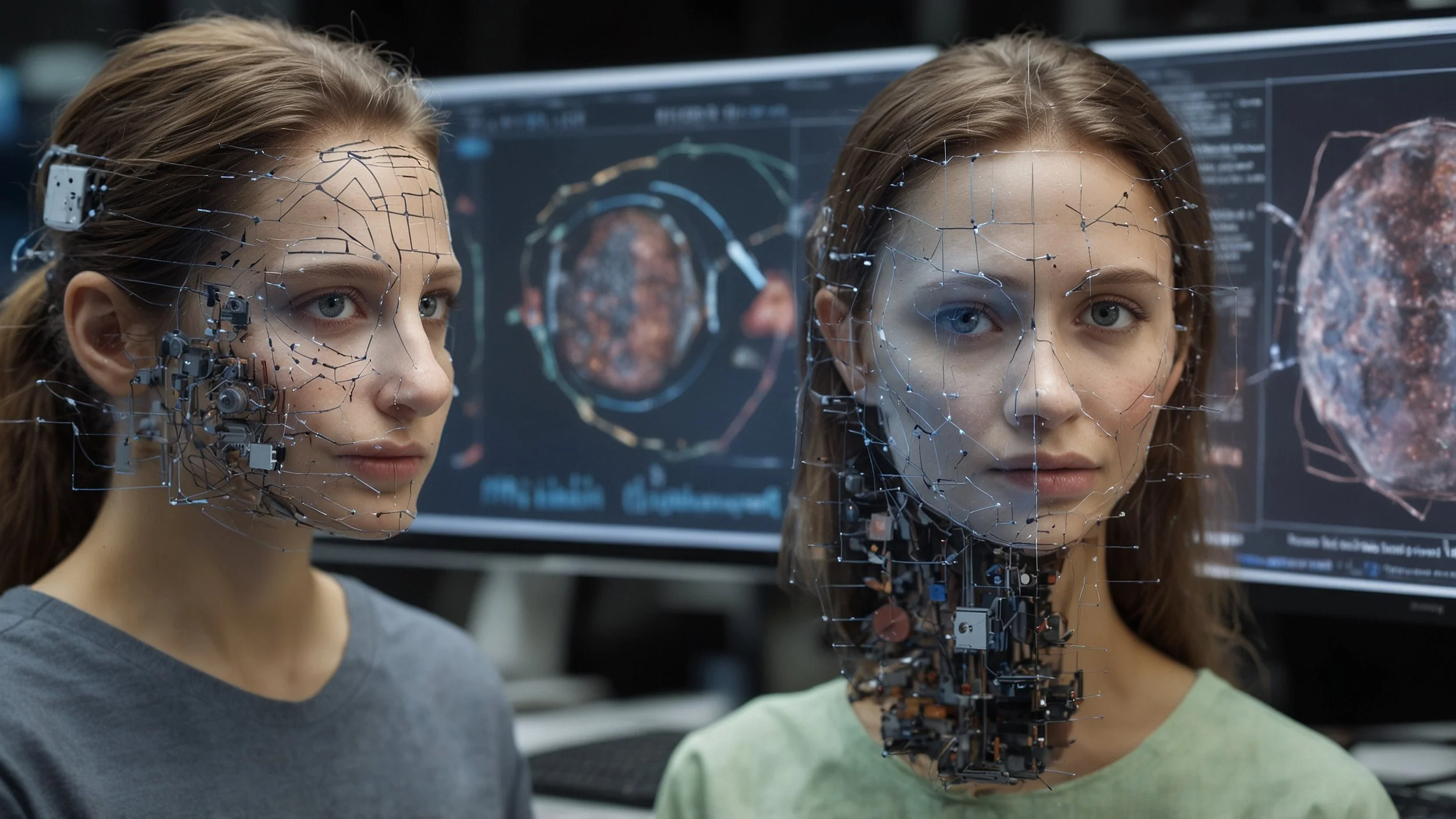 An image depicting a laboratory environment with computers and monitors displaying codes and graphics, where a researcher named Carpenter is analyzing a deepfake on a screen.