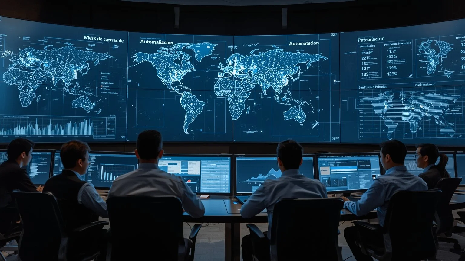 Interior de una sala de control moderna con grandes pantallas que muestran un mapa de madurez de automatizacion, paneles de indicadores de prioridad de negocio, representaciones de bots conectandose en flujos orquestados y un equipo de ejecutivos obs