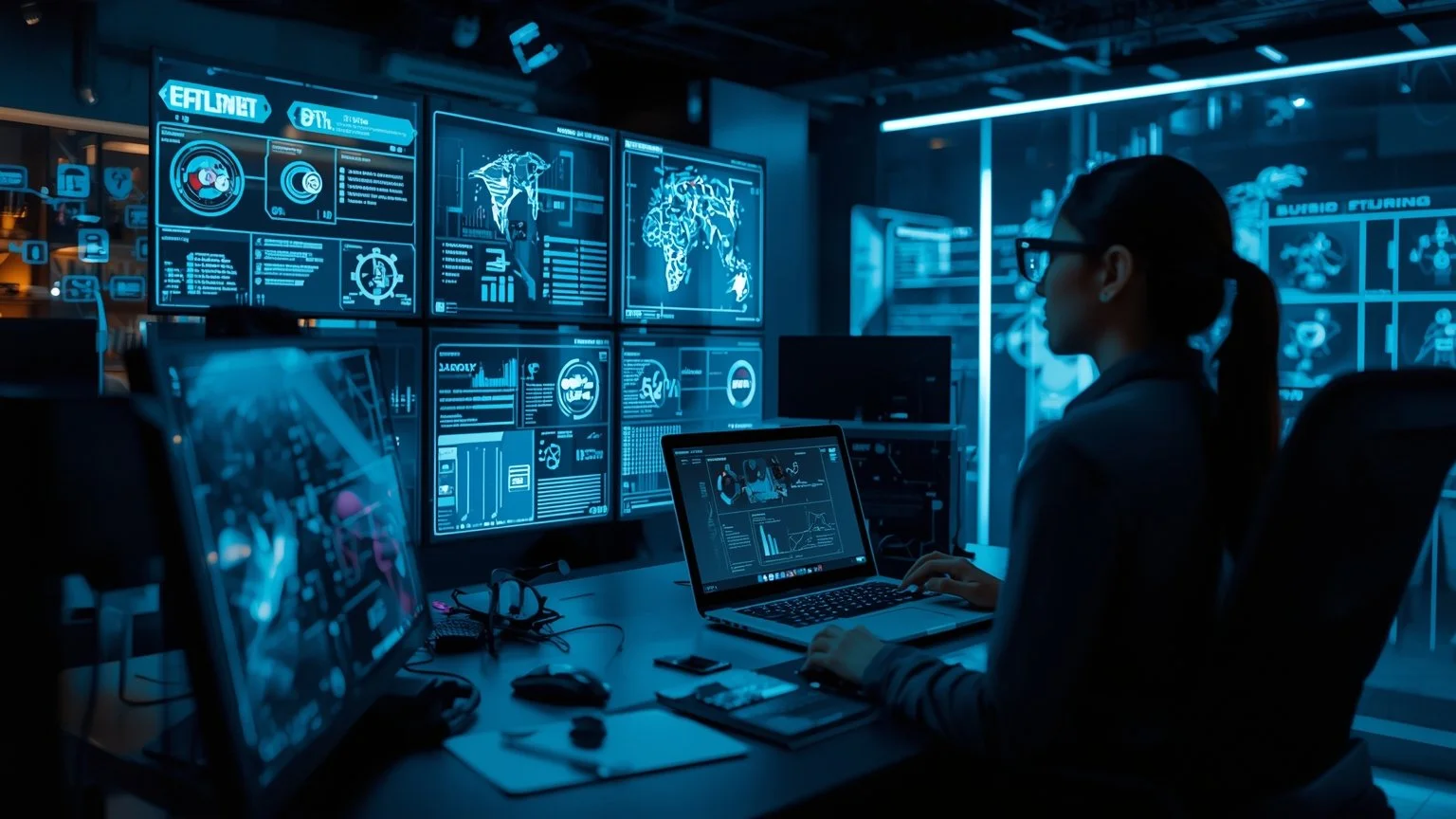 Oficina futurista donde un equipo diverso analiza pantallas holográficas con indicadores de resiliencia, rapidez y eficiencia mientras un asistente de inteligencia artificial proyecta ideas creativas para optimizar la experiencia del cliente.