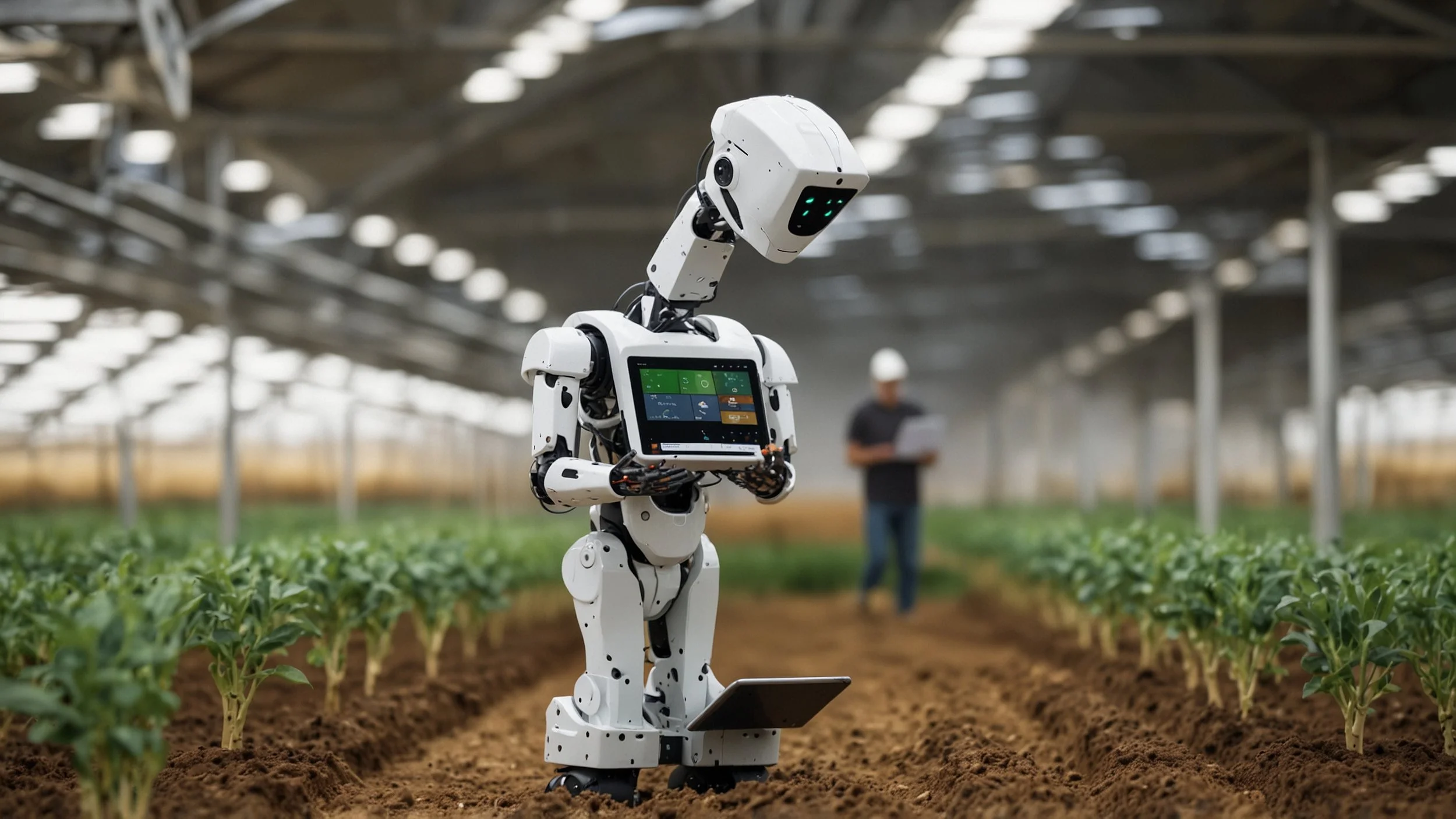 Un robot autónomo trabajando en un campo agrícola moderno mientras un operador humano supervisa a distancia con una tableta digital, mostrando un ambiente de colaboración entre humanos y máquinas en la agricultura de alta tecnología.
