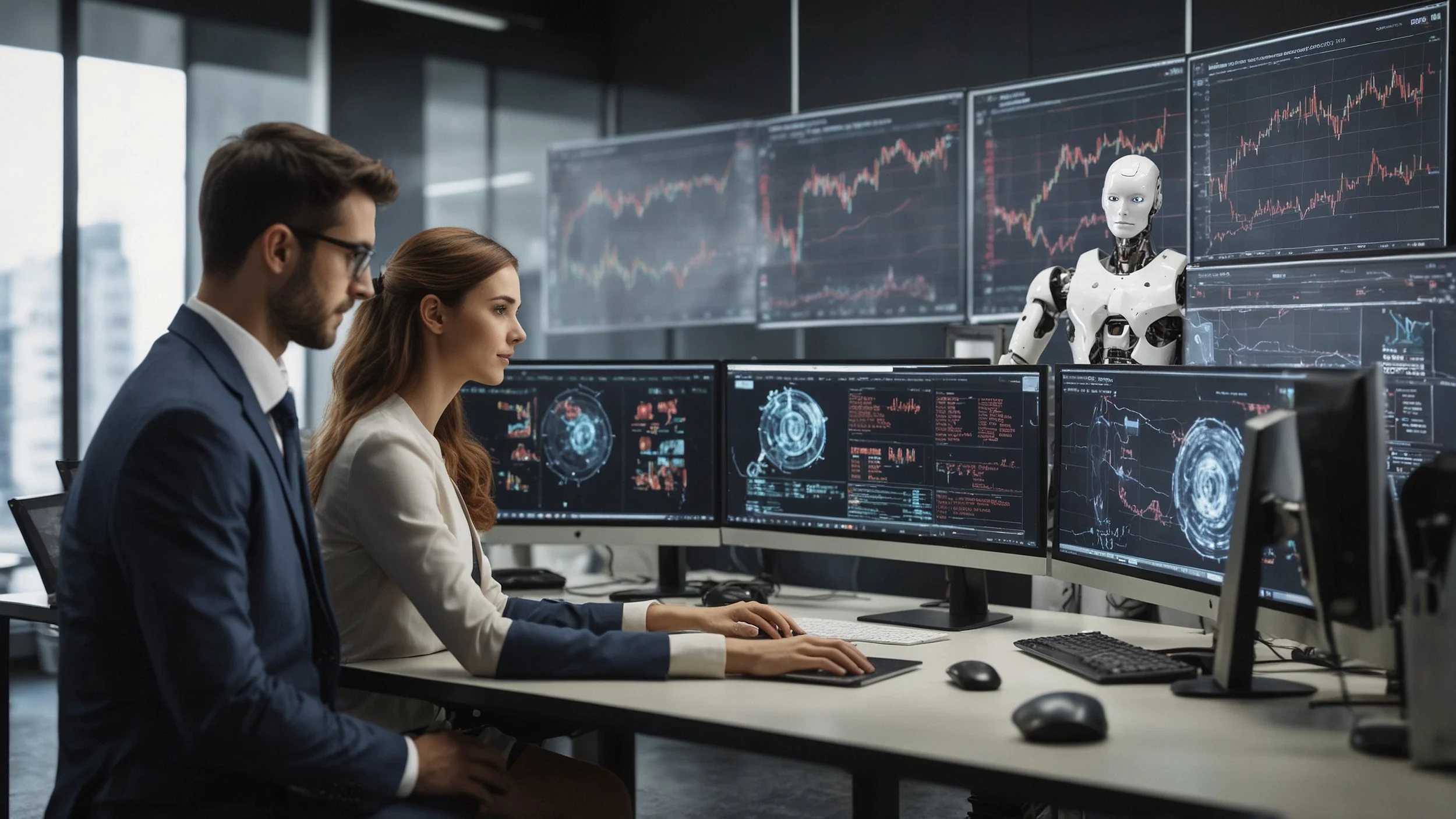 Un equipo financiero en una oficina moderna, con pantallas de computadora mostrando gráficos de tendencias y datos financieros.