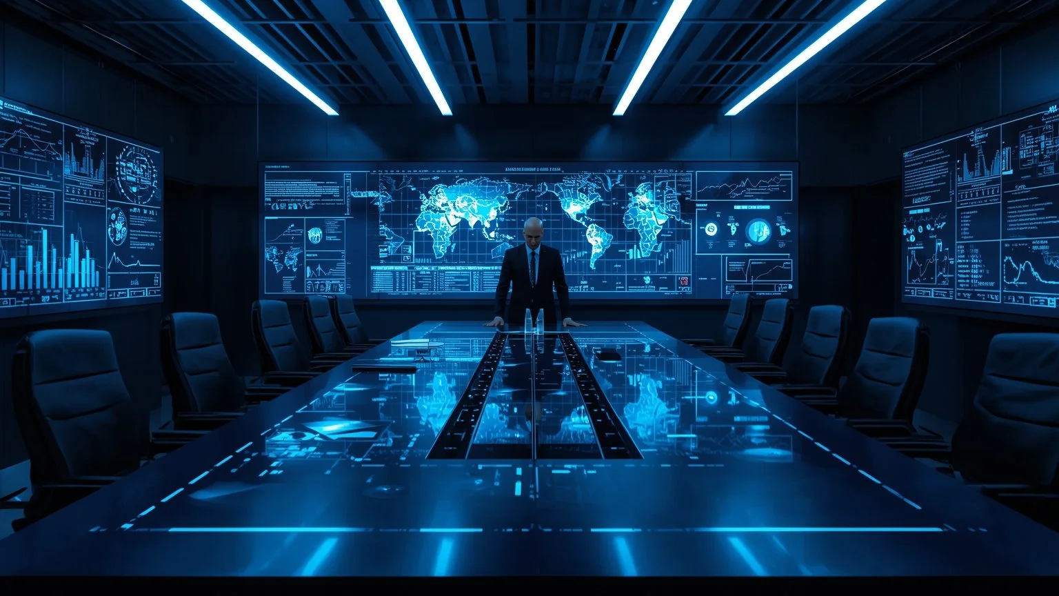Una sala de juntas futurista con un director ejecutivo interactuando con una IA holográfica sobre la mesa, mientras pantallas transparentes muestran datos y gráficos en tiempo real y el equipo ejecutivo observa planes estratégicos listos para impleme