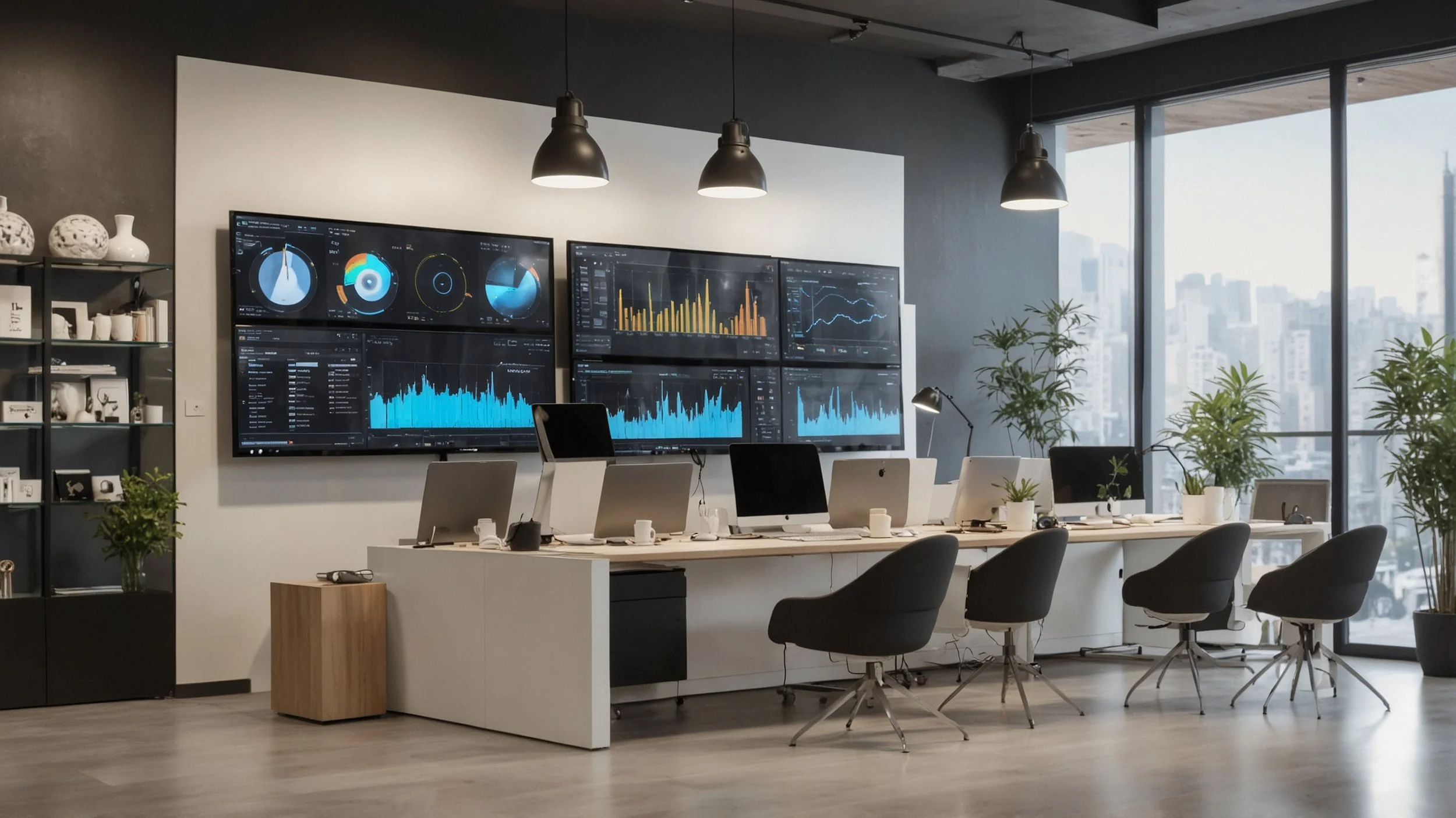 A modern control room with several screens displaying real-time images from cameras installed in a store or warehouse, with graphics and alerts visible, and a person monitoring and adjusting settings on a computer to measure stats.