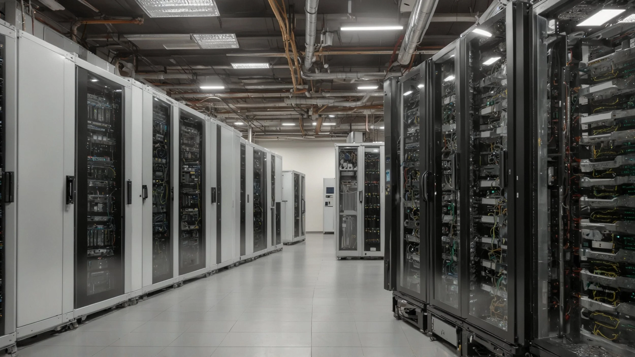 Una imagen de un moderno centro de datos con filas de racks de servidores, resaltando uno de los racks etiquetado con 50kW.
