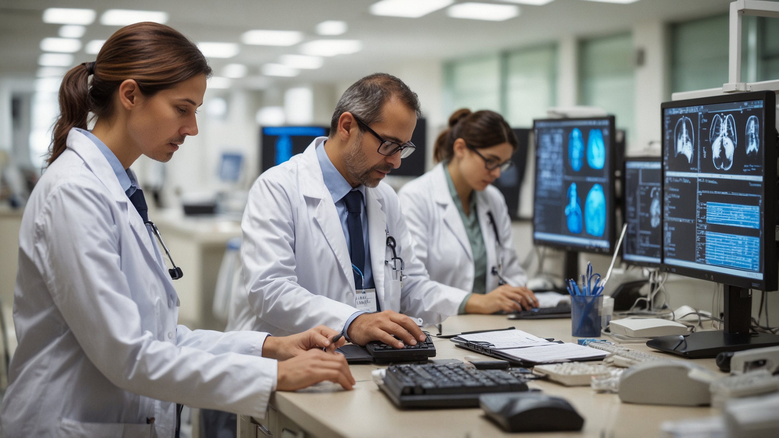 Un equipo médico en un hospital usando computadoras y dispositivos digitales para automatizar la documentación, con gráficos que muestran reducción de tiempos y un símbolo que representa retorno de inversión, destacando eficiencia y ahorro en el sect