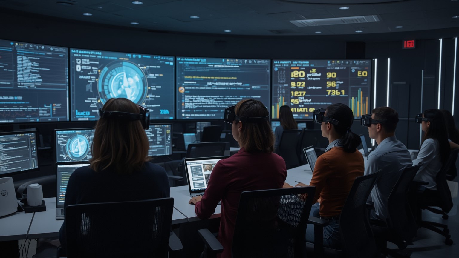 En una sala de control futurista, un grupo diverso de personas interactúa con pantallas holográficas que muestran explicaciones visuales de algoritmos, mientras sus expresiones oscilan entre confianza y duda y colaboran para diseñar entornos digitale