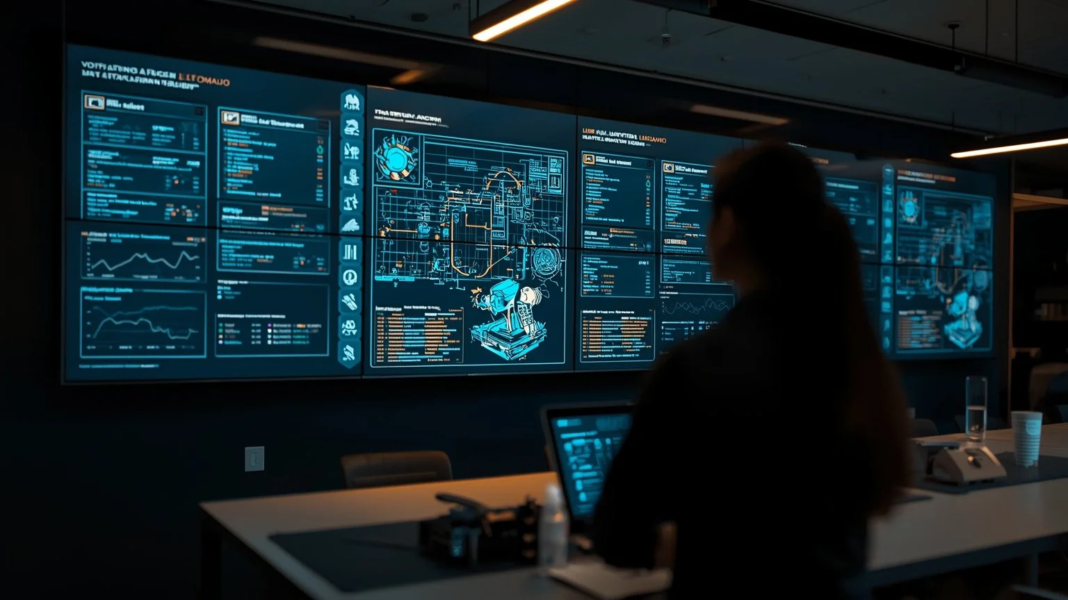 Oficina moderna con pantallas holográficas que muestran flujos de trabajo identificados por IA mientras un equipo observa en tiempo real la selección precisa de tareas para automatizar y se desvanecen pilas de informes manuales.