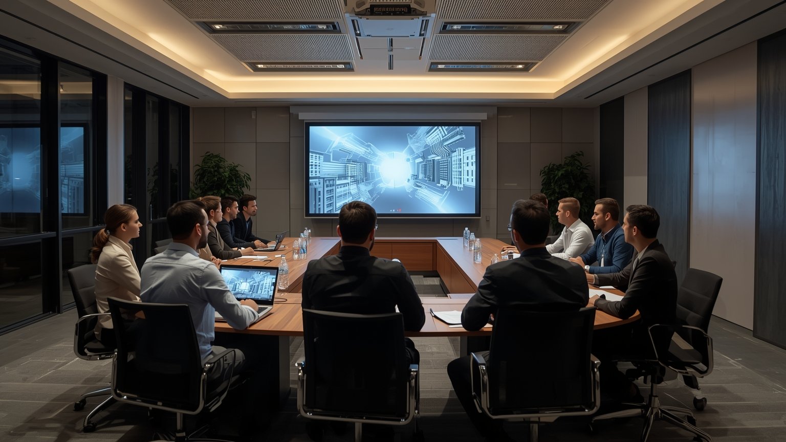 Sala de reuniones moderna con un comite multidisciplinario de negocio legal seguridad y tecnologia revisando modelos de IA proyectados en pantallas analizando sesgos documentando excepciones y formando al personal para detectar Shadow AI bajo un enfo