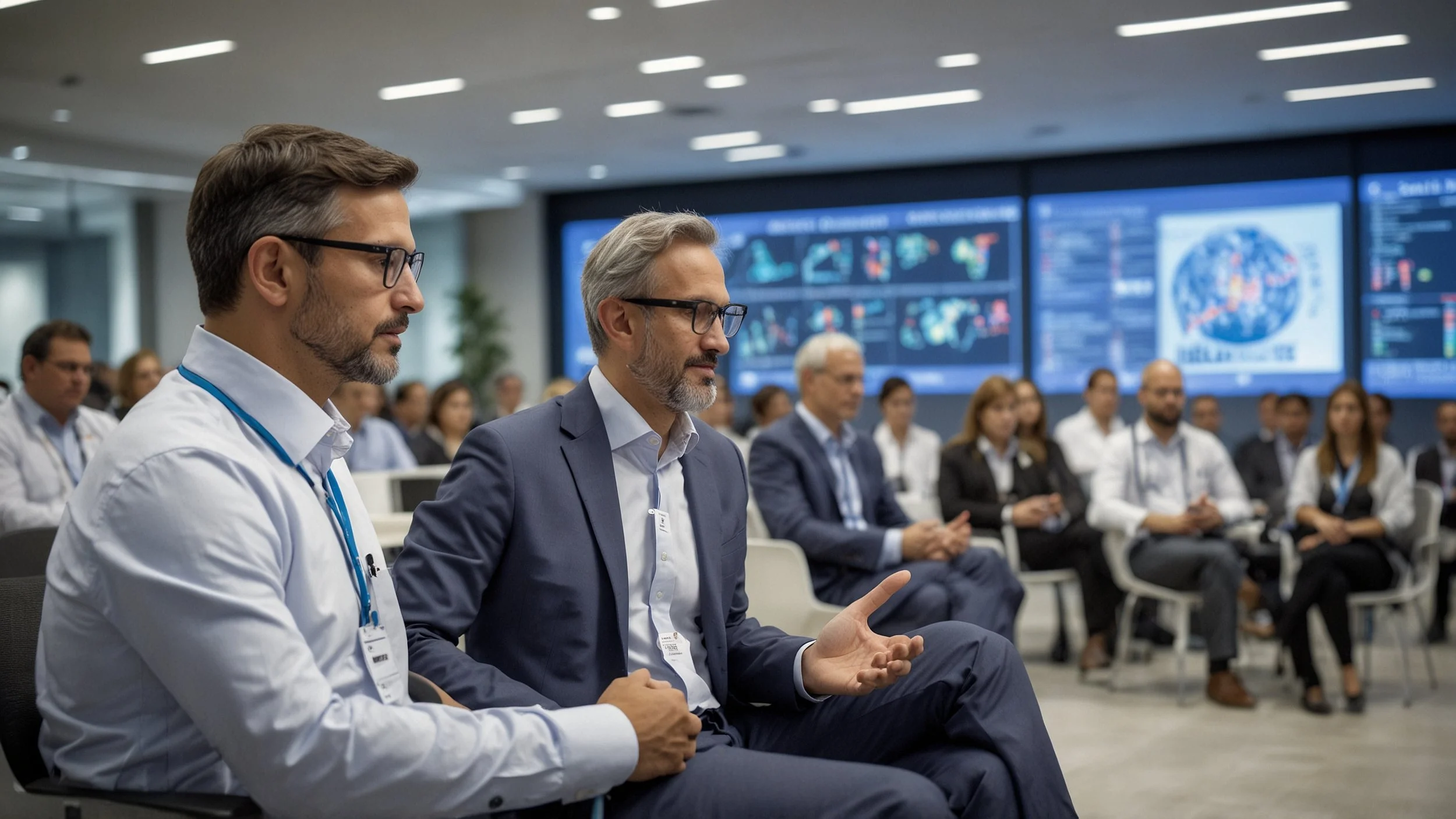 Un grupo de capitalistas de riesgo están reunidos en una sala de conferencias moderna, revisando presentaciones de startups dedicadas a aplicaciones de inteligencia artificial específicas para sectores como la salud, las finanzas y la ciberseguridad.