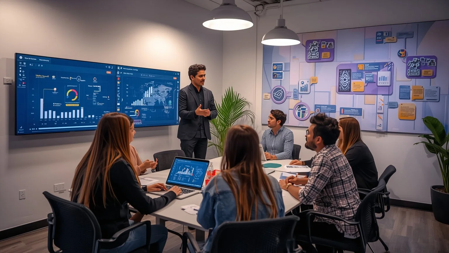 Equipo diverso en una sala de trabajo colaborativa revisando dashboards de AI y RPA en pantallas, compartiendo feedback en pizarras y conversaciones, con un mural que muestra trayectorias profesionales y un ambiente de confianza y mejora continua.