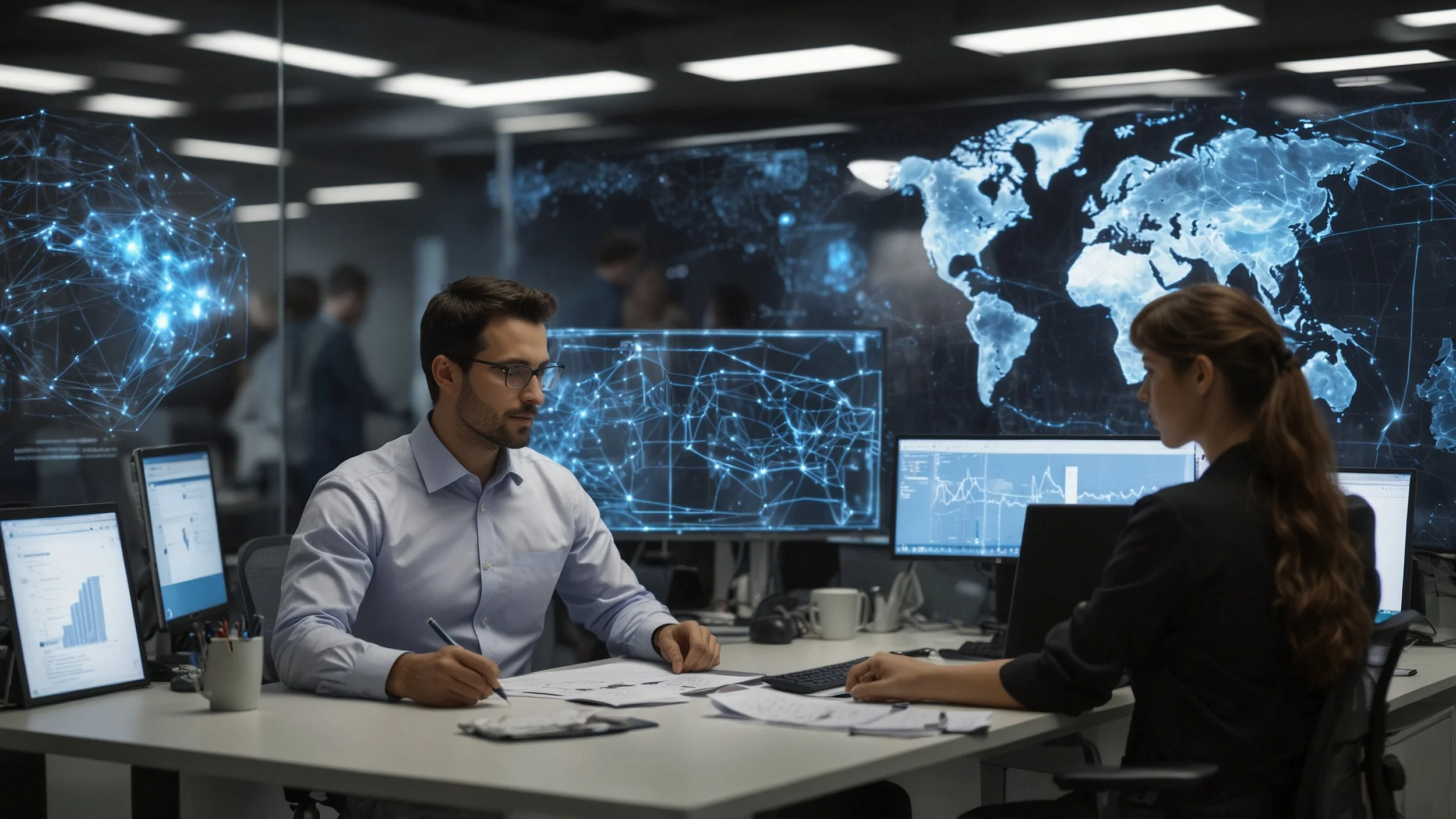 Una escena en una oficina gubernamental moderna donde analistas trabajan en estaciones de trabajo que muestran gráficos complejos y proyecciones en tiempo real.