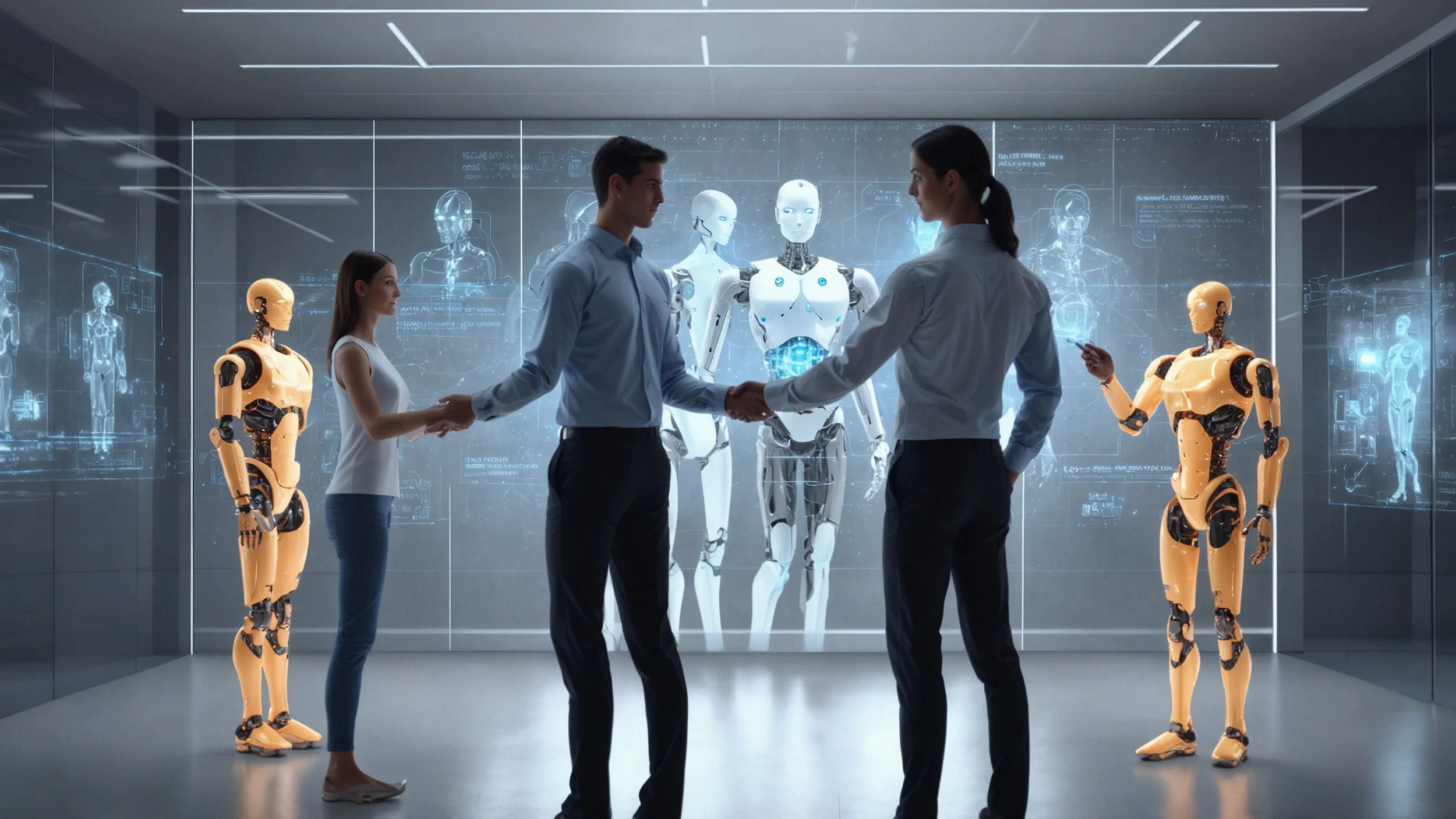 Escena de una oficina moderna donde diferentes personas interactúan con pantallas holográficas que muestran gráficos de datos y algoritmos de inteligencia artificial mientras un agente virtual en forma de robot amigable ayuda a personalizar estrategi