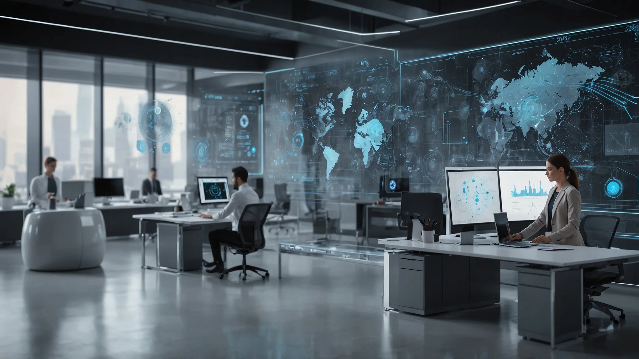 A futuristic office setting where a human leader and an AI assistant work together at a digital dashboard showing data streams APIs and ethical guardrails highlighted on the screens modern technology environment with collaborative teamwork and open s
