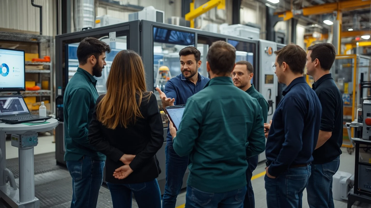 Un instructor interno guía a un grupo de colaboradores en una planta industrial mientras combinan una sesión guiada, módulos online en tabletas y práctica real junto a una máquina automatizada, con pizarras y gráficos que ilustran el impacto en decis
