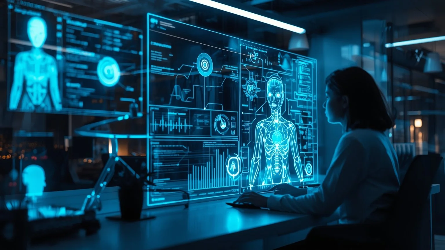 Una oficina futurista donde profesionales y asistentes de IA trabajan codo a codo, con hologramas e interfaces que amplifican las capacidades humanas y mantienen la toma de decisiones en manos de las personas.