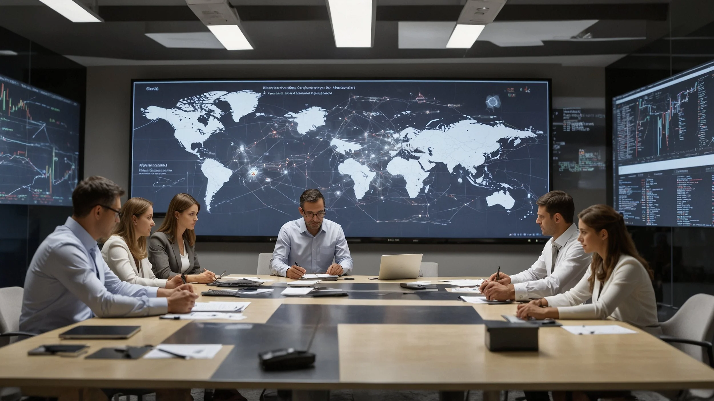 Una reunión de ejecutivos en una sala moderna analizando gráficos y estadísticas en pantallas digitales, con expresiones preocupadas y papeles sobre la mesa que muestran números ascendentes y signos de interrogación sobre proyectos de automatización