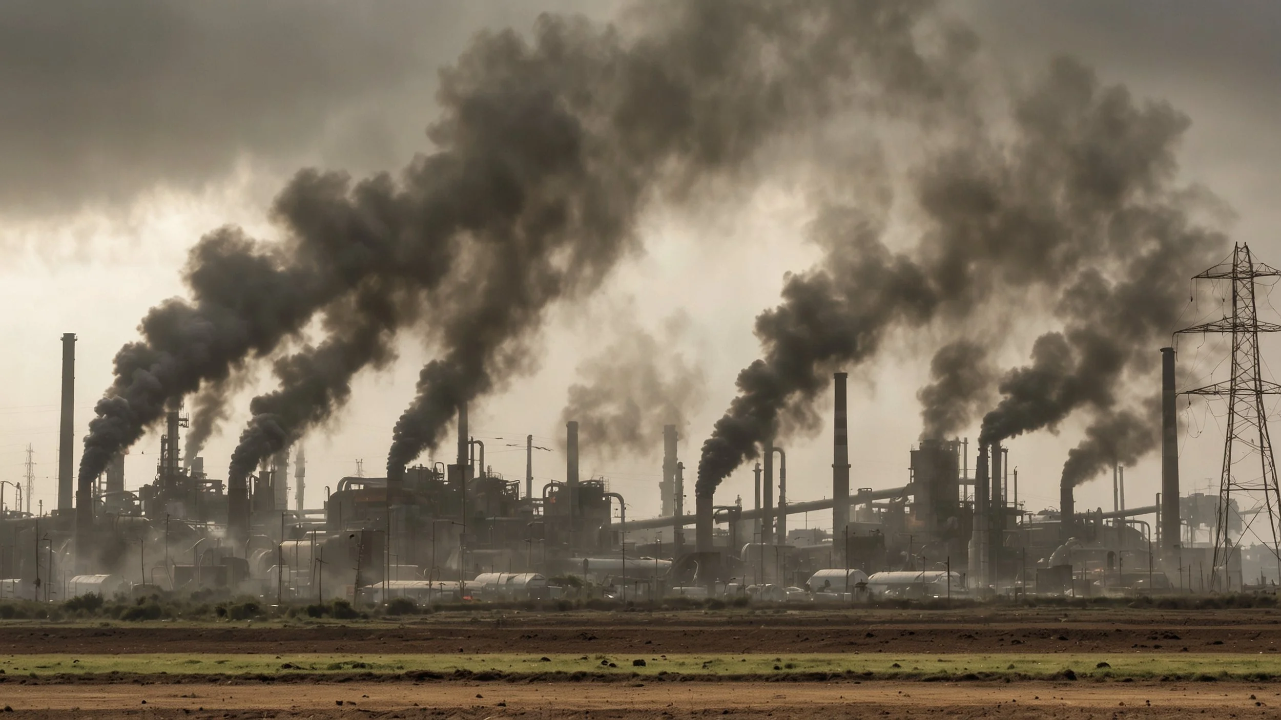 fábrica con maquinaria moderna parada por falta de piezas, trabajadores con casco preocupados junto a un cartel que muestra aumento de costos, plantas industriales con humo y una gráfica de cambio climático en fondo, ambiente de tensión y búsqueda de