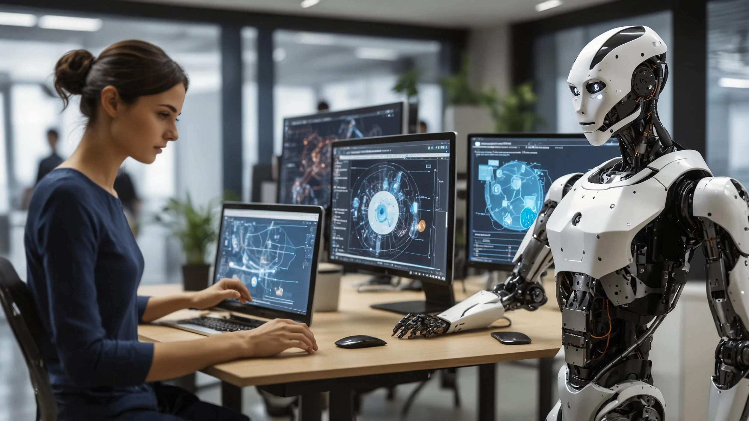 Una oficina moderna con un equipo de líderes financieros observando pantallas que muestran gráficos y datos automatizados mientras un robot virtual representa procesos de RPA acelerando la creación de informes y gestión de transacciones en un entorno