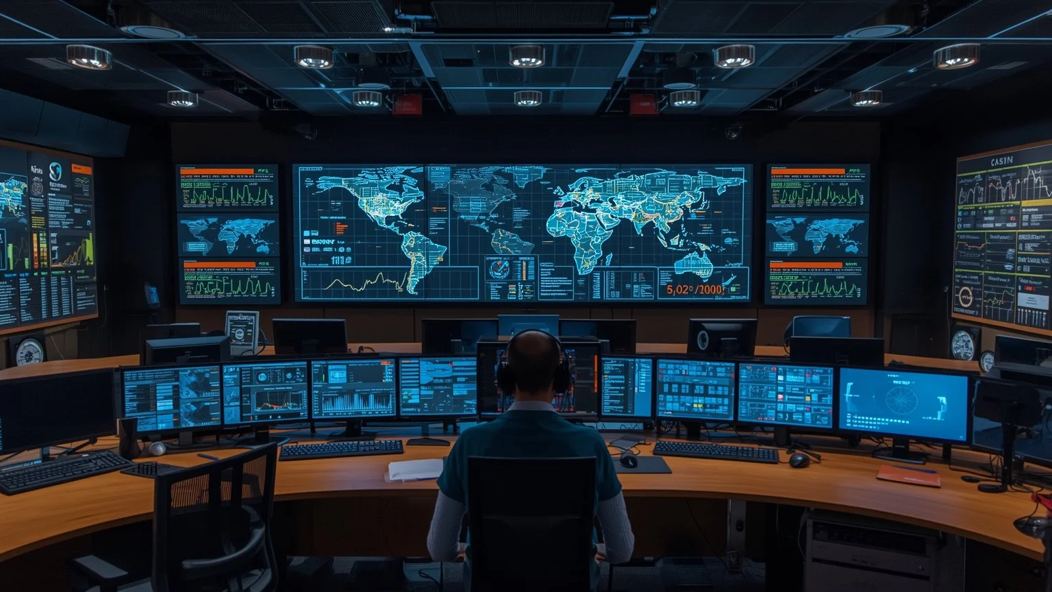 Equipo diverso en una sala de control moderna que combina paneles digitales con automatismos y alertas, revisiones humanas frente a monitores, una pizarra con una hoja de ruta y gráficos de casos de éxito usados como palancas de cambio.