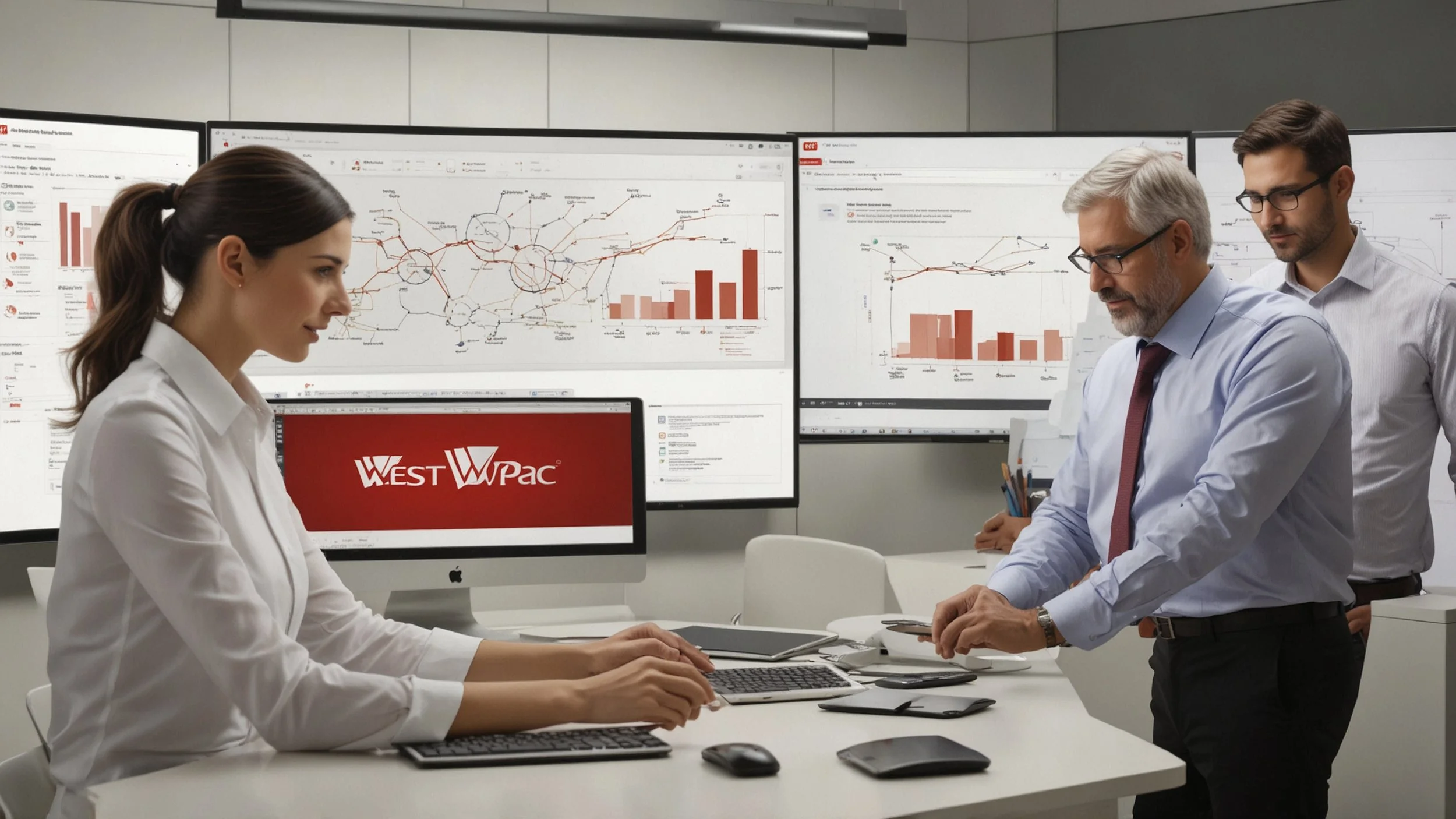 Una oficina moderna donde empleados de Westpac están colaborando con un equipo de desarrolladores de Apromore.