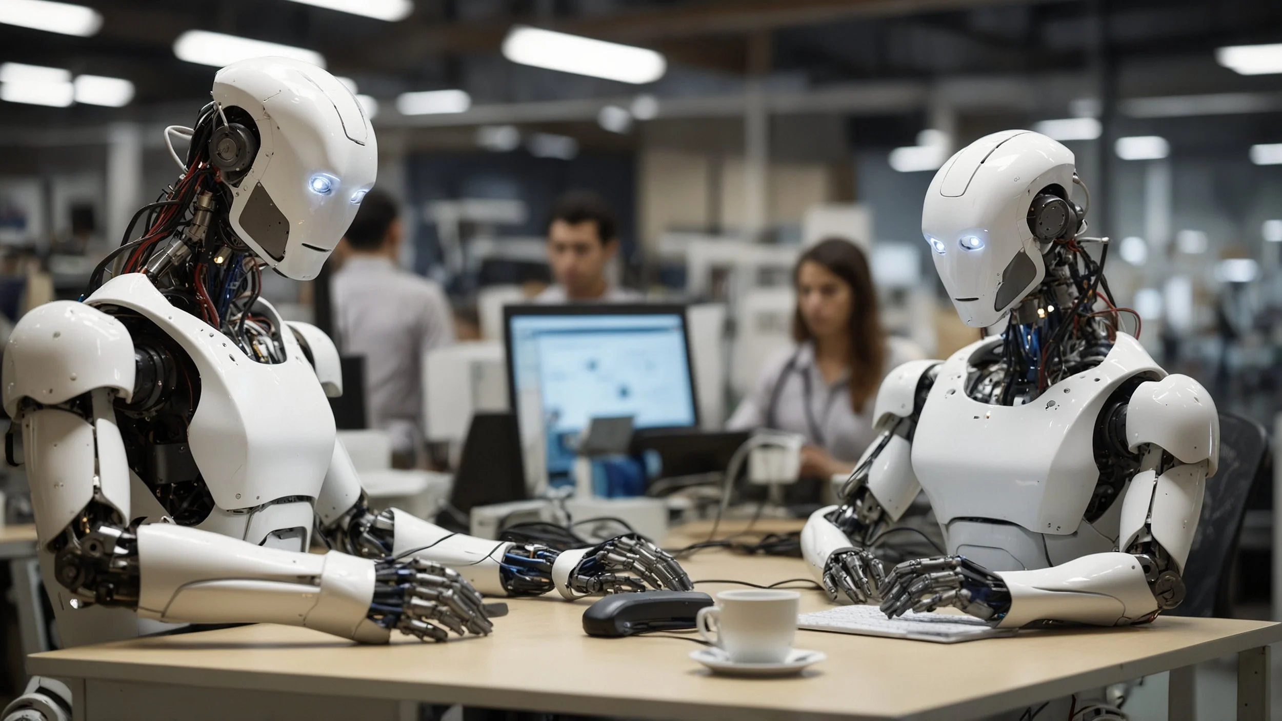 Una oficina moderna con empleados frente a computadoras mientras robots automatizados en forma de brazos robóticos ayudan a clasificar y priorizar tickets en pantallas digitales, con alertas luminosas que indican detección de problemas y corrección a