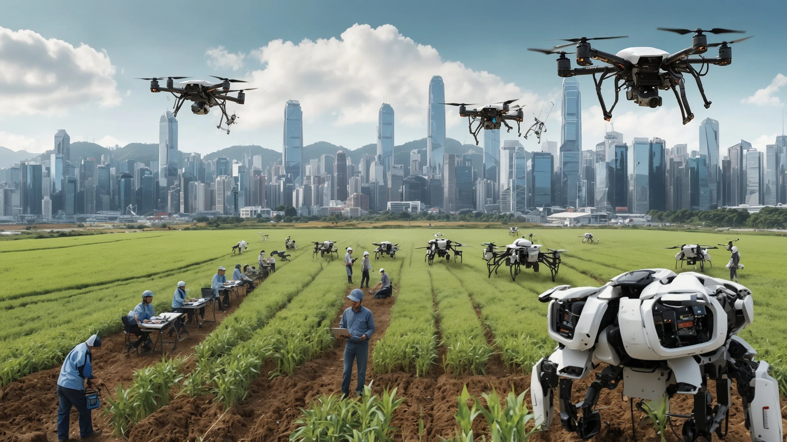 A futuristic agricultural field with drones and robots assisting farmers using AI technology showing a mix of advanced machinery and human workers looking concerned, alongside a cityscape of Hong Kong with office buildings, digital screens showing jo