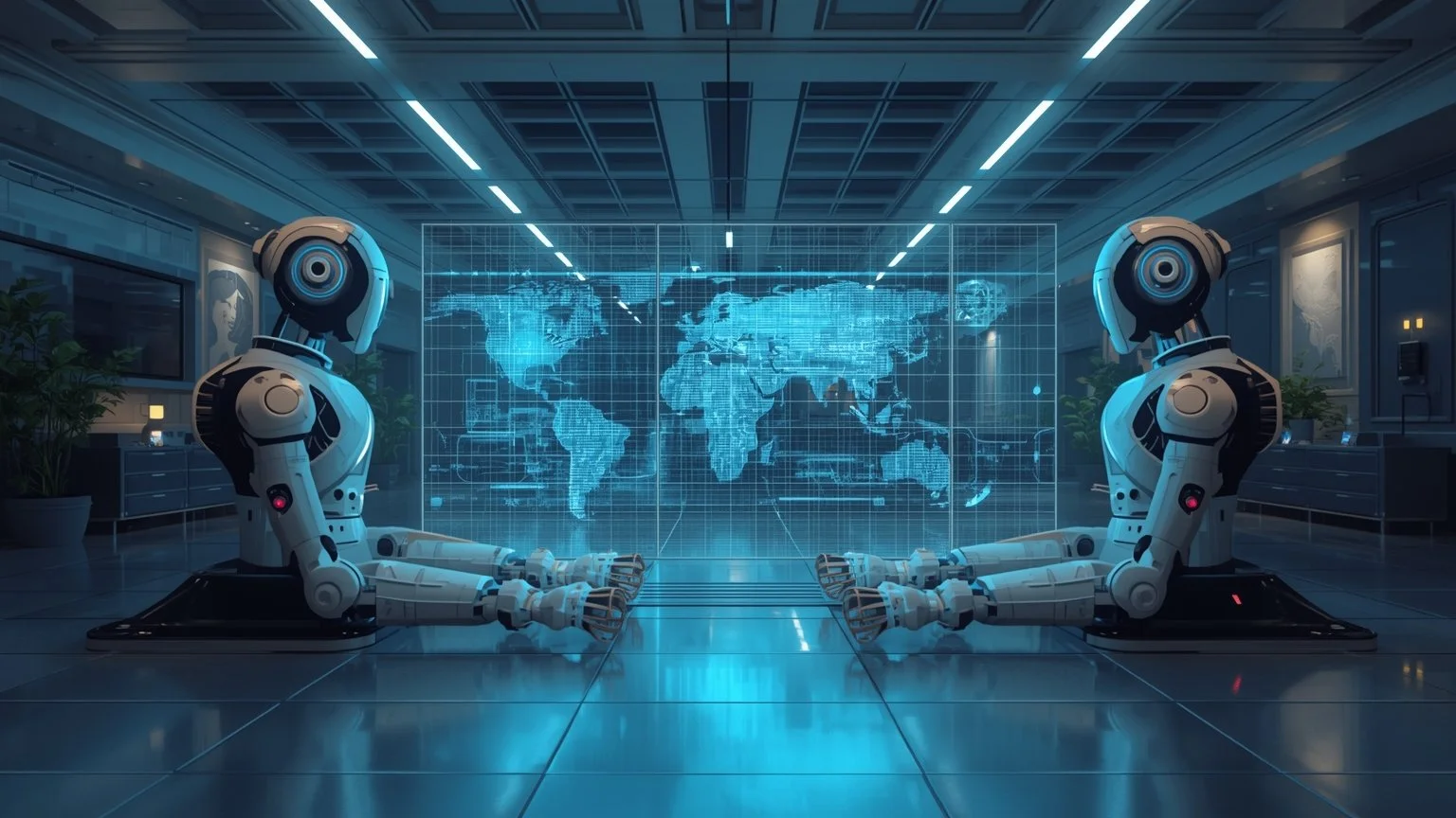 Escena de una oficina futurista donde robots de RPA realizan tareas mecanicas moviendo datos entre sistemas mientras una IA holografica analiza graficas predictivas, comprende lenguaje natural y toma decisiones autonomas sin reconfigurar los flujos.