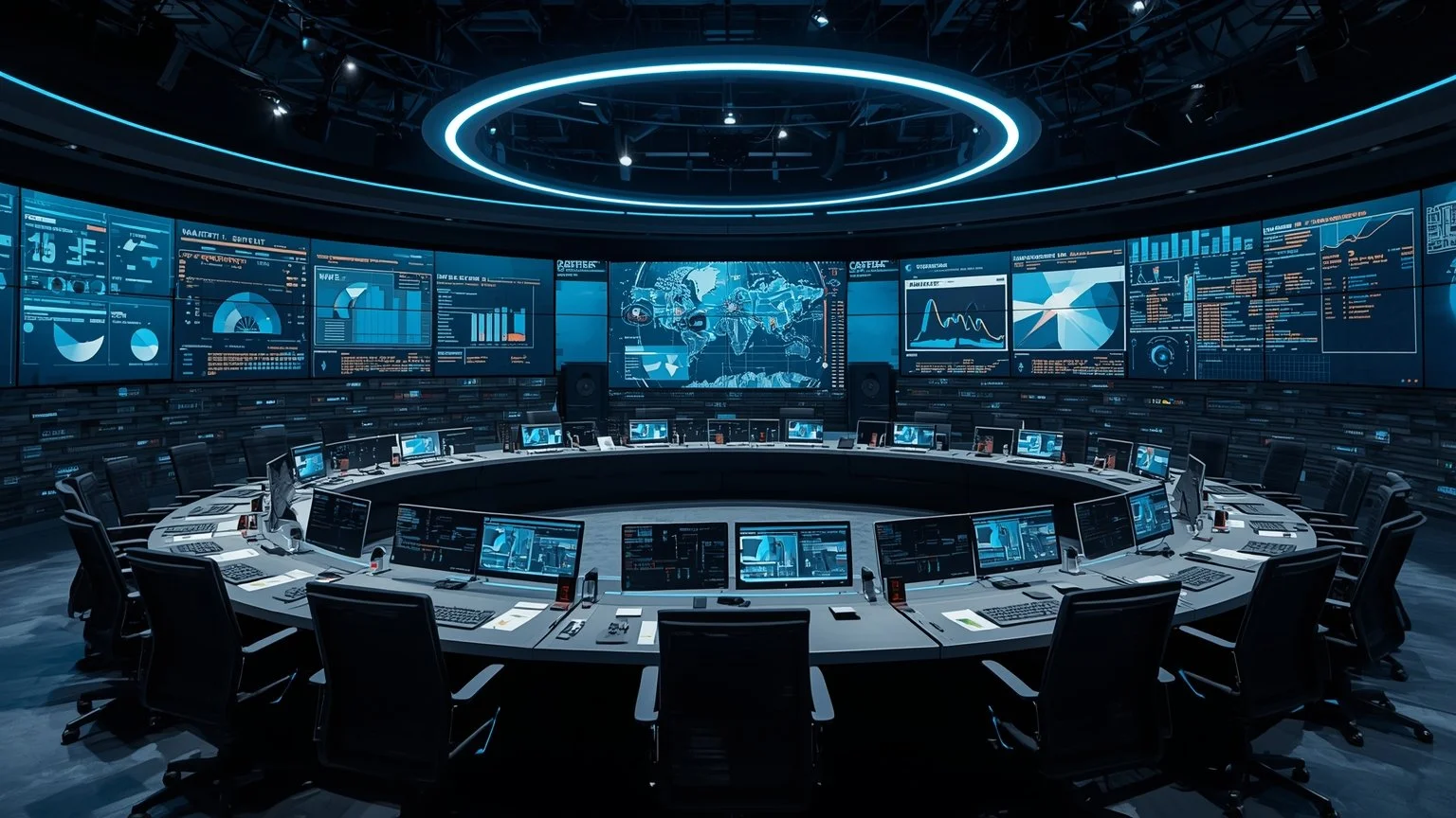 Centro de operaciones moderno con un equipo multifuncional alrededor de una mesa, grandes pantallas mostrando paneles de observabilidad con métricas de desempeño, seguridad y alineación estratégica, y módulos de infraestructura listos para despliegue