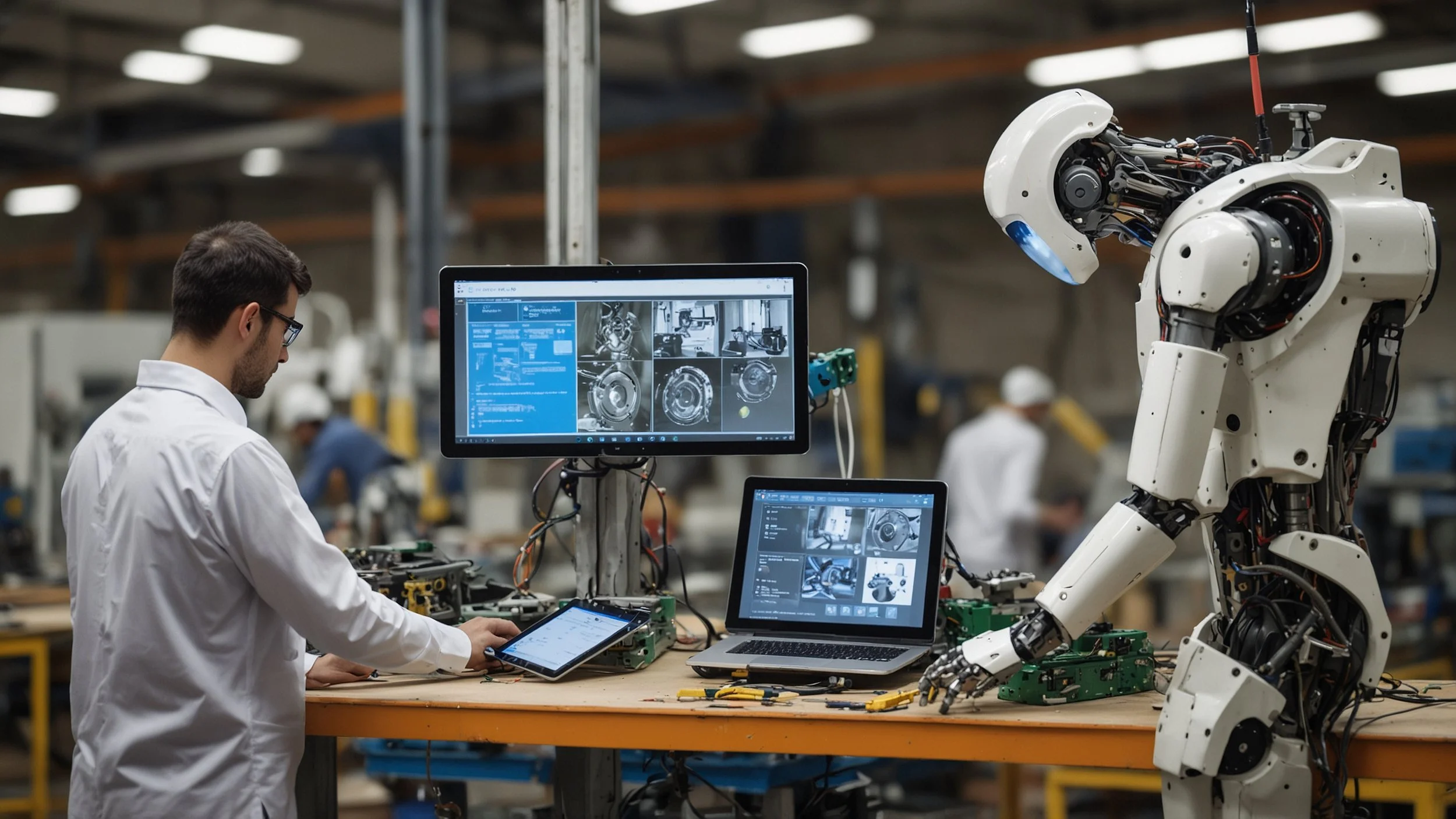 Un taller industrial moderno con varios robots trabajando.