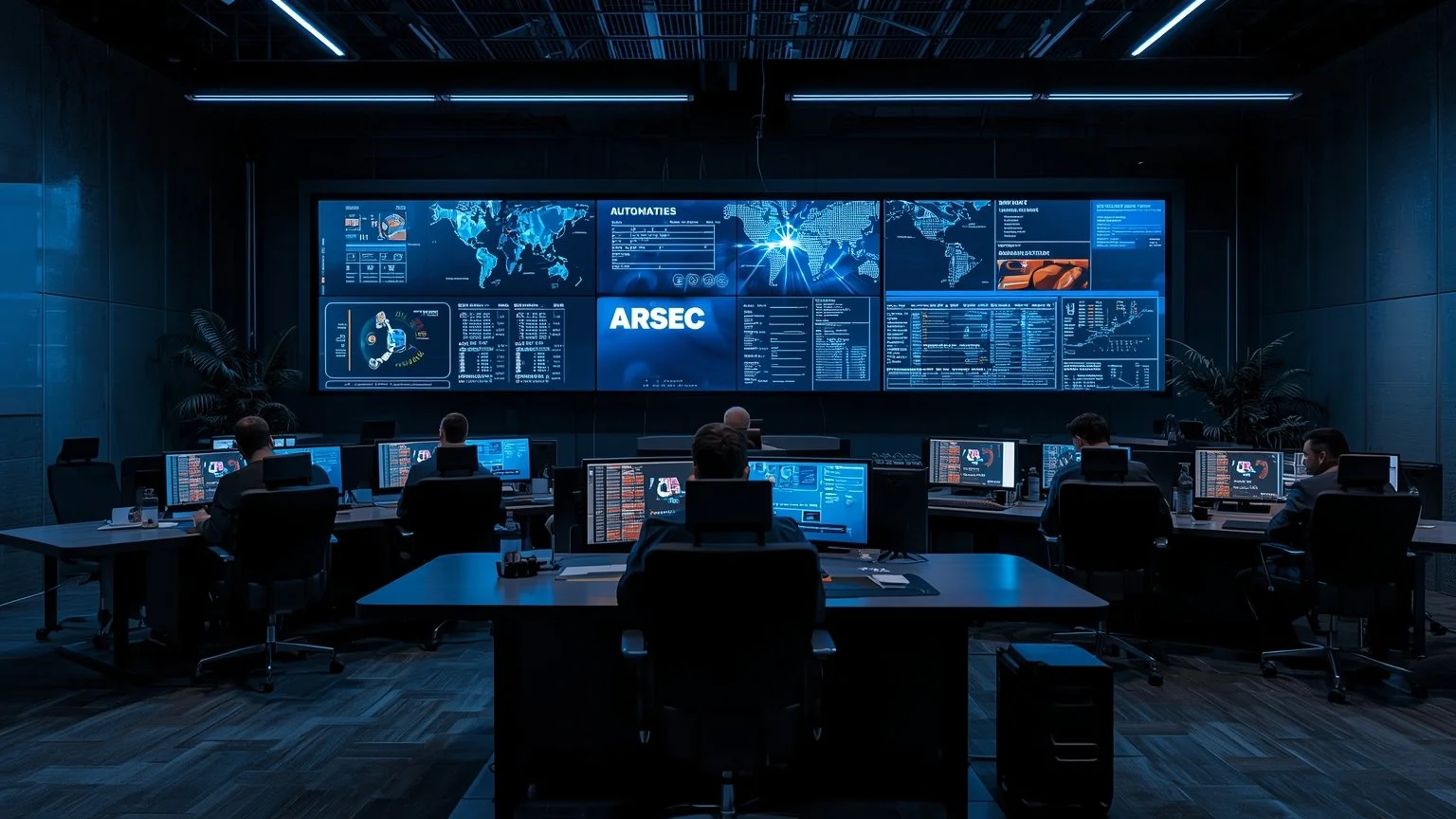 Sala de control moderna con profesionales y pantallas holográficas que muestran flujos de trabajo automatizados, auditorías de cuentas, seguimiento de riesgos y registros trazables, transmitiendo confianza, cumplimiento y precisión en la integridad o